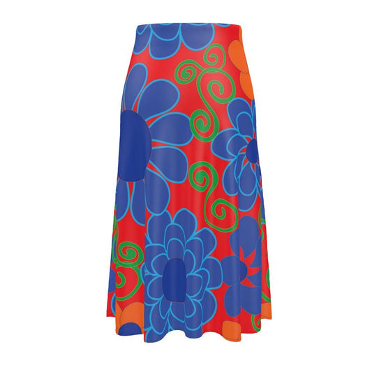 Blue poping buds on red Midi Skirt
