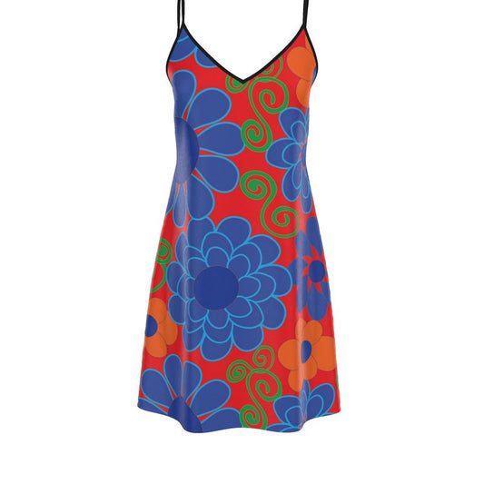 Bold Blue Floral Slip Dress in Red- Lace Detail