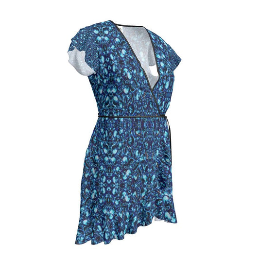 Flouncy Sleeve Wrap Dress - Blue Ocean Rays