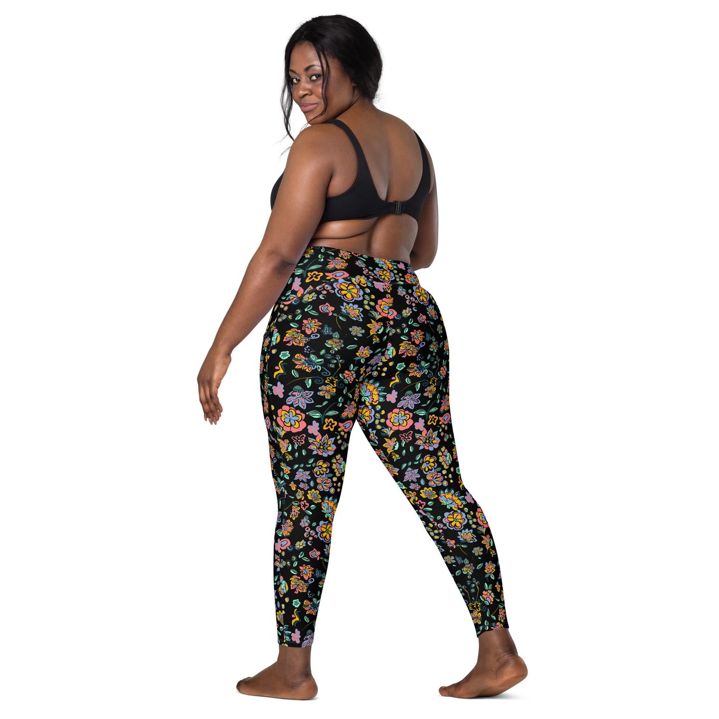 Yellow wimsical design Crossover leggings with pockets