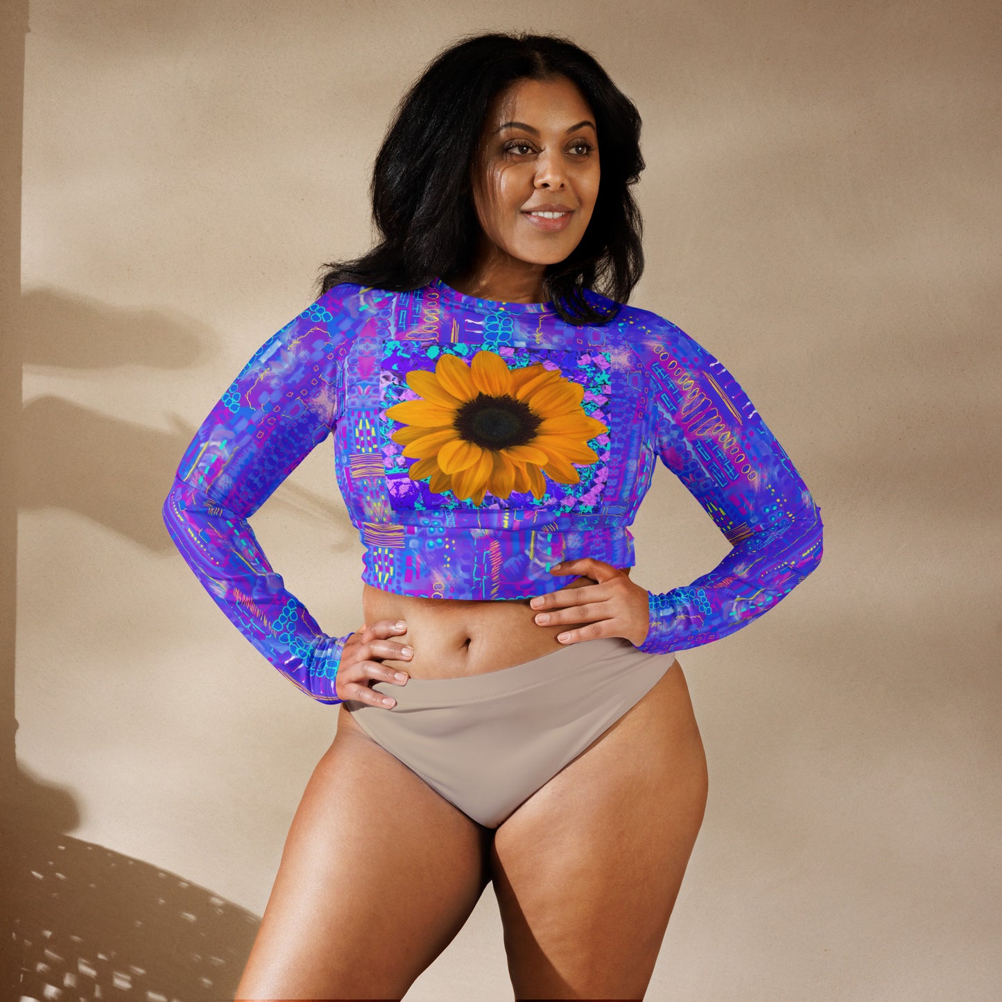 Purple abstract Sunflower detail Recycled long-sleeve crop top