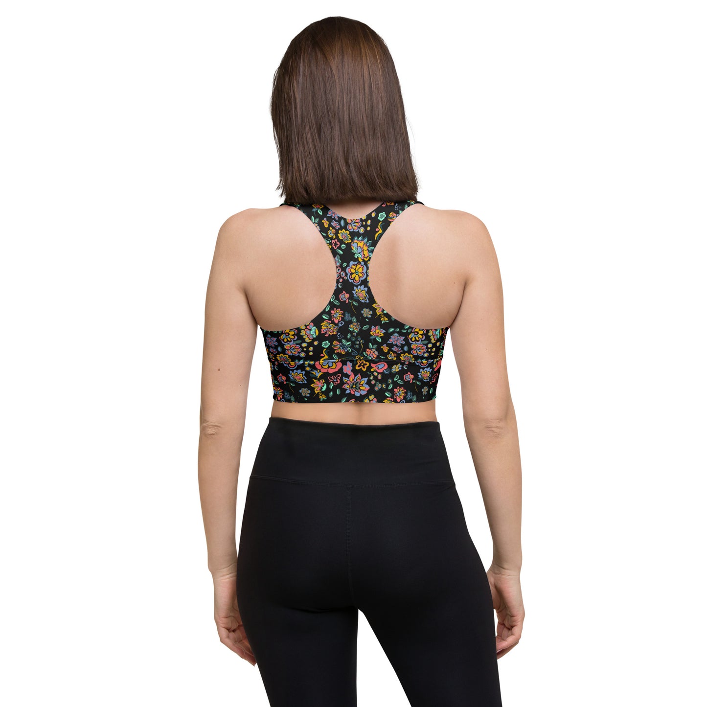 Black floral Recycled Longline Sports Bra