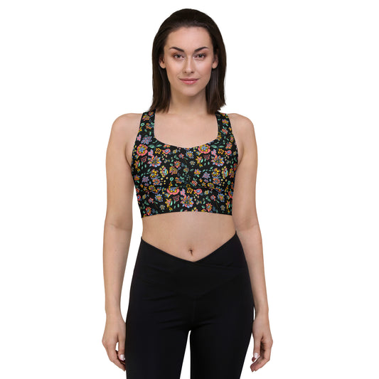 Black floral Recycled Longline Sports Bra