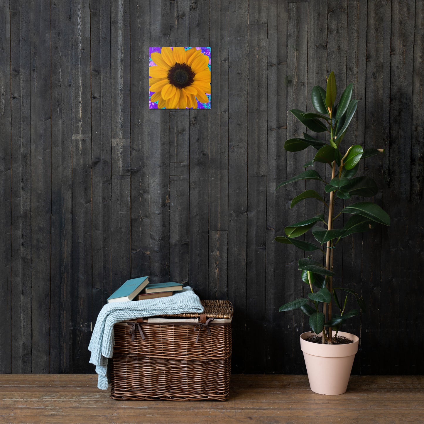 Sunflower photo &drawing on thin canvas pink and blue babies breath