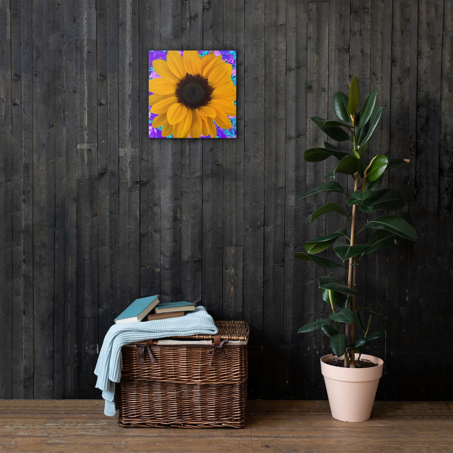 Sunflower photo &drawing on thin canvas pink and blue babies breath