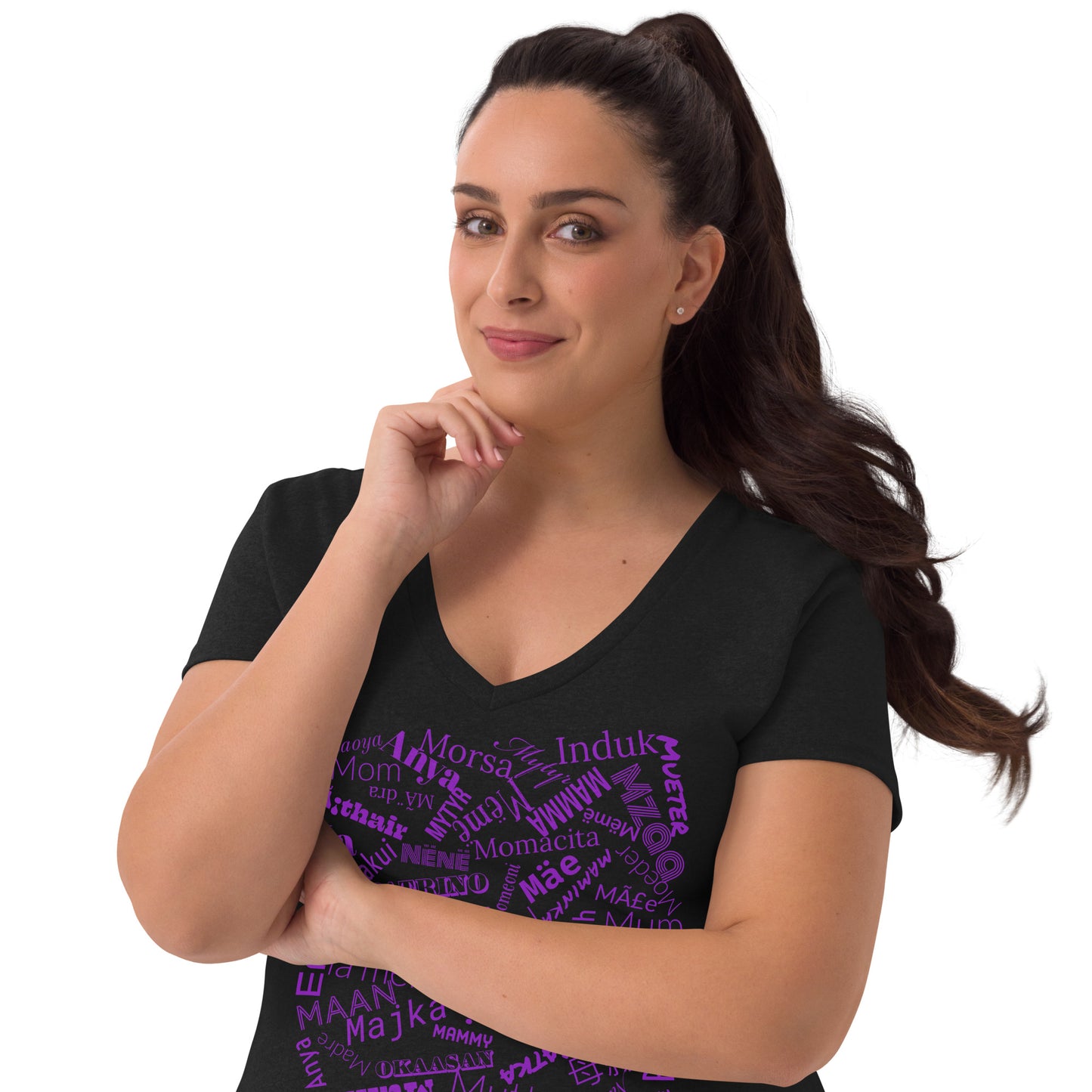 Mom in multiple languages in purple Mother’s Day t-shirt Women’s recycled v-neck t-shirt