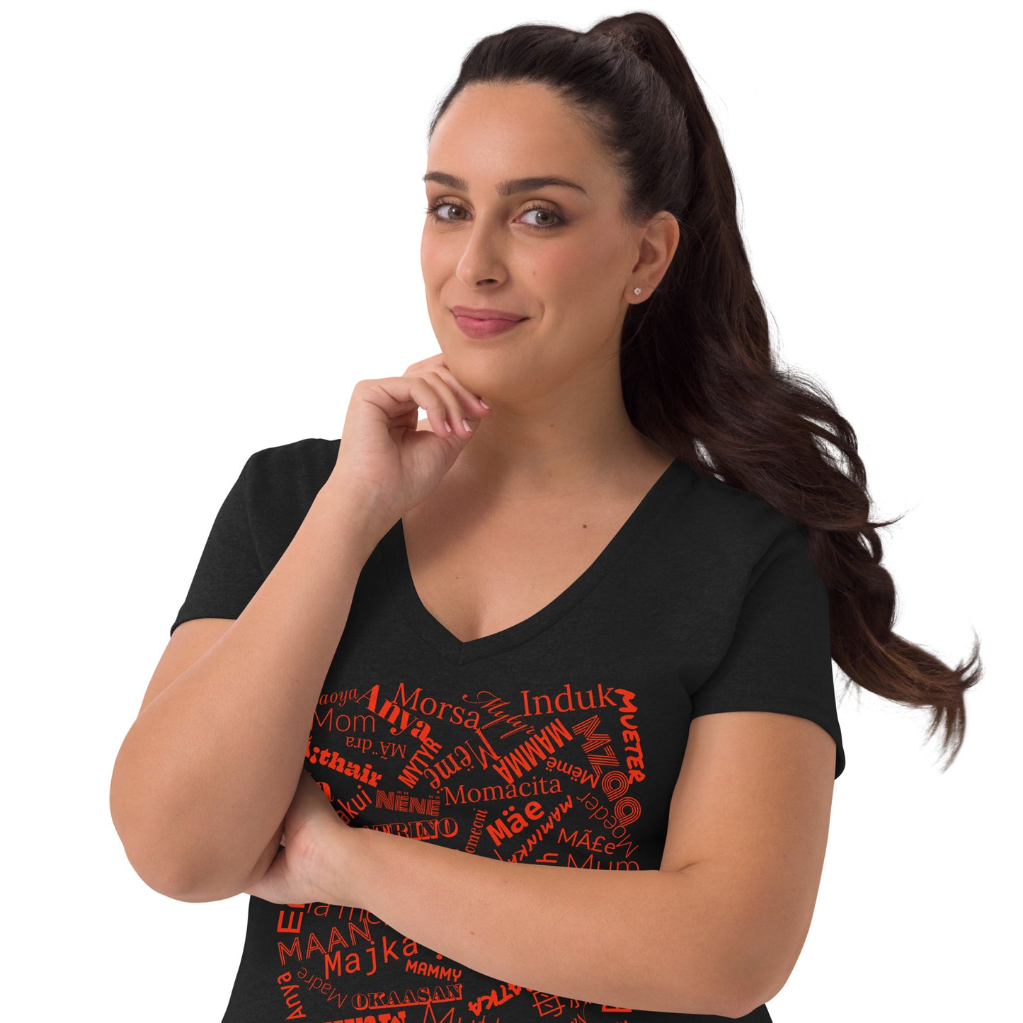 Mom in multiple languages in red Mother’s Day t-shirt Women’s recycled v-neck t-shirt