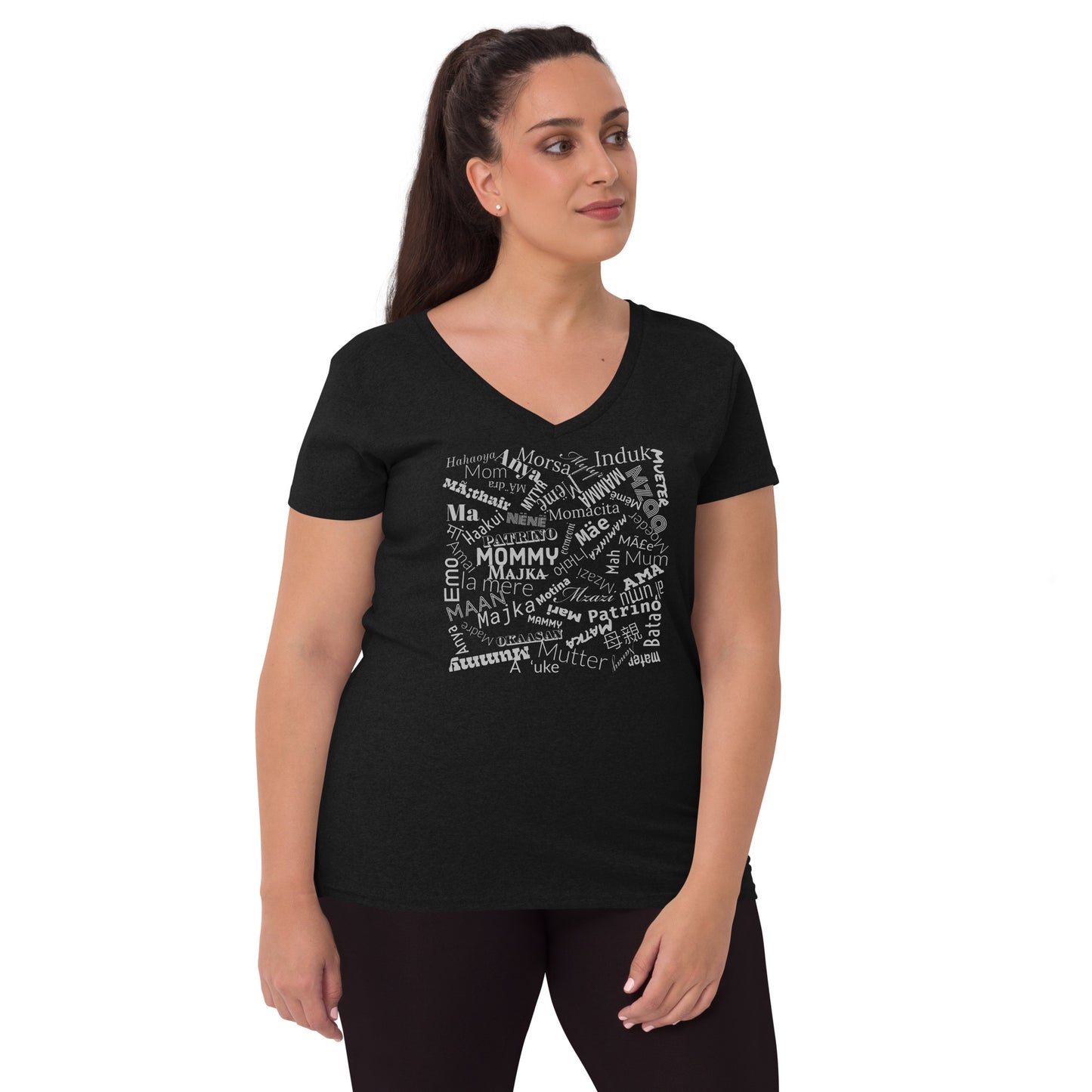 Mom in multiple languages in silver Mother’s Day t-shirt Women’s recycled v-neck t-shirt