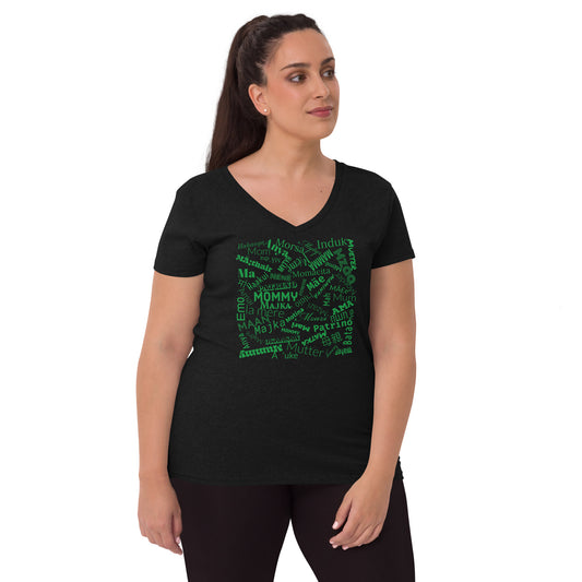 Mom in multiple languages in green Mother’s Day t-shirt Women’s recycled v-neck t-shirt