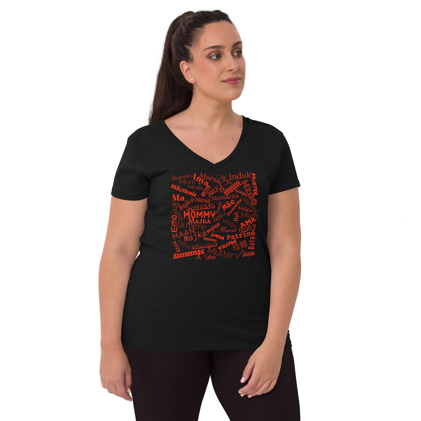 Mom in multiple languages in red Mother’s Day t-shirt Women’s recycled v-neck t-shirt