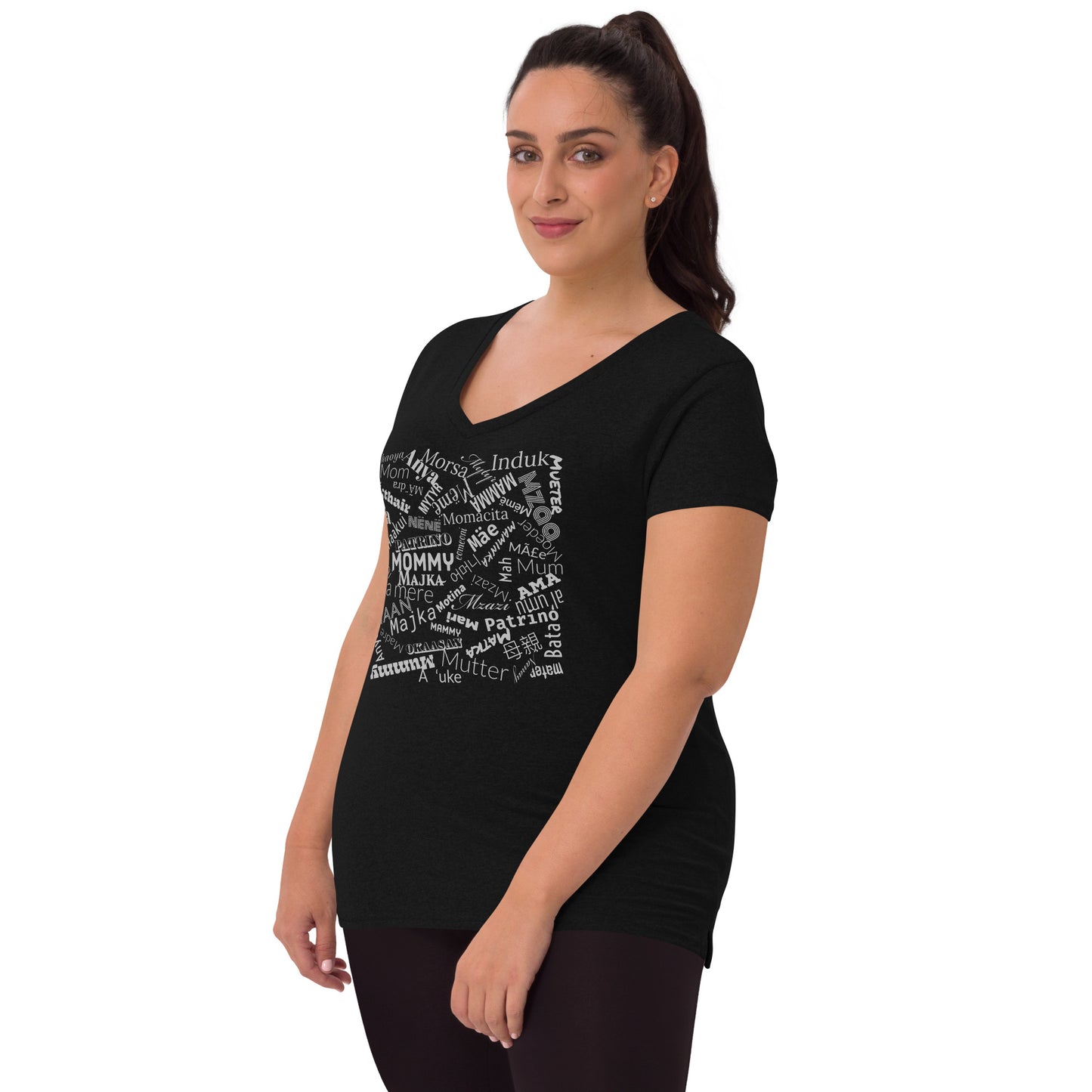 Mom in multiple languages in silver Mother’s Day t-shirt Women’s recycled v-neck t-shirt