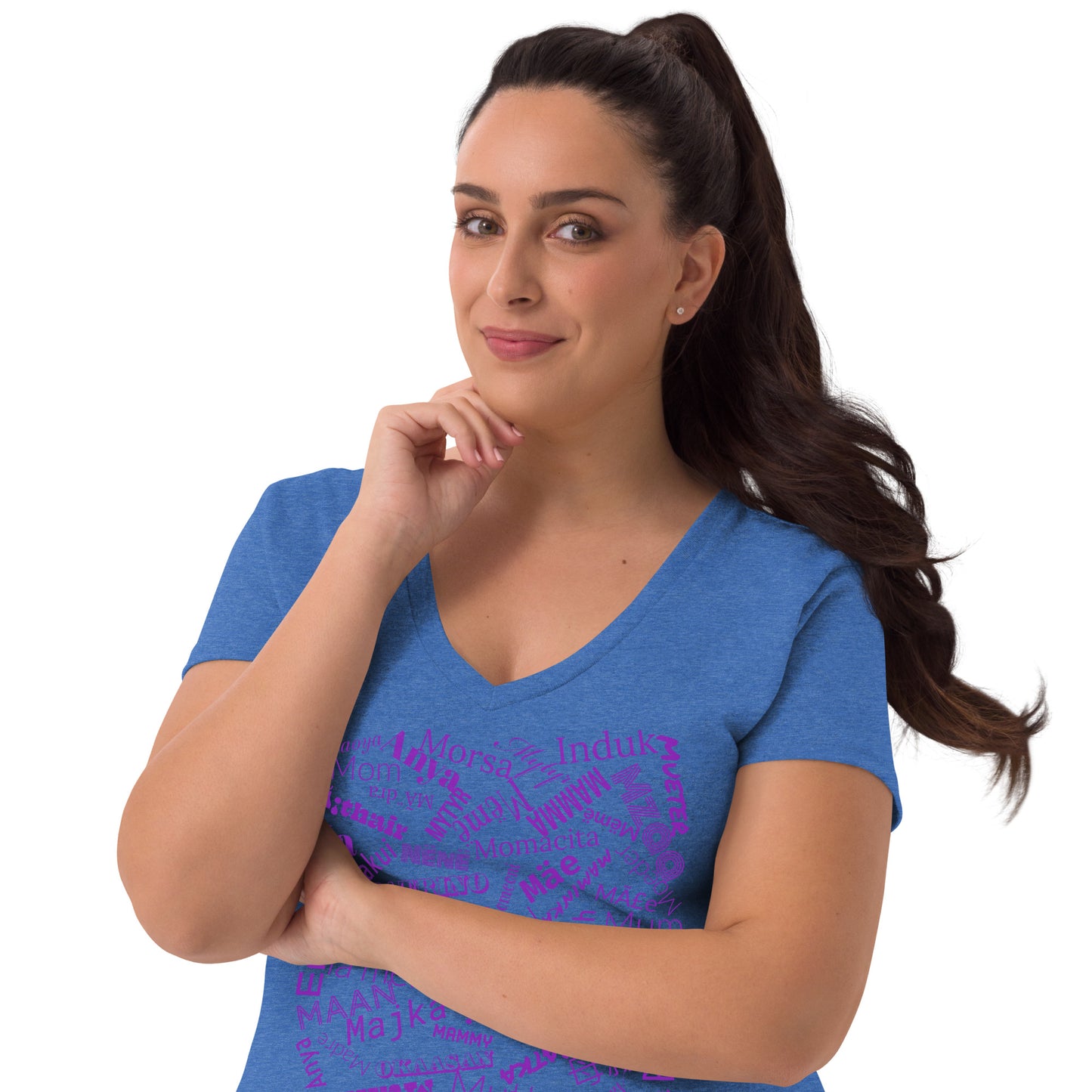 Mom in multiple languages in purple Mother’s Day t-shirt Women’s recycled v-neck t-shirt