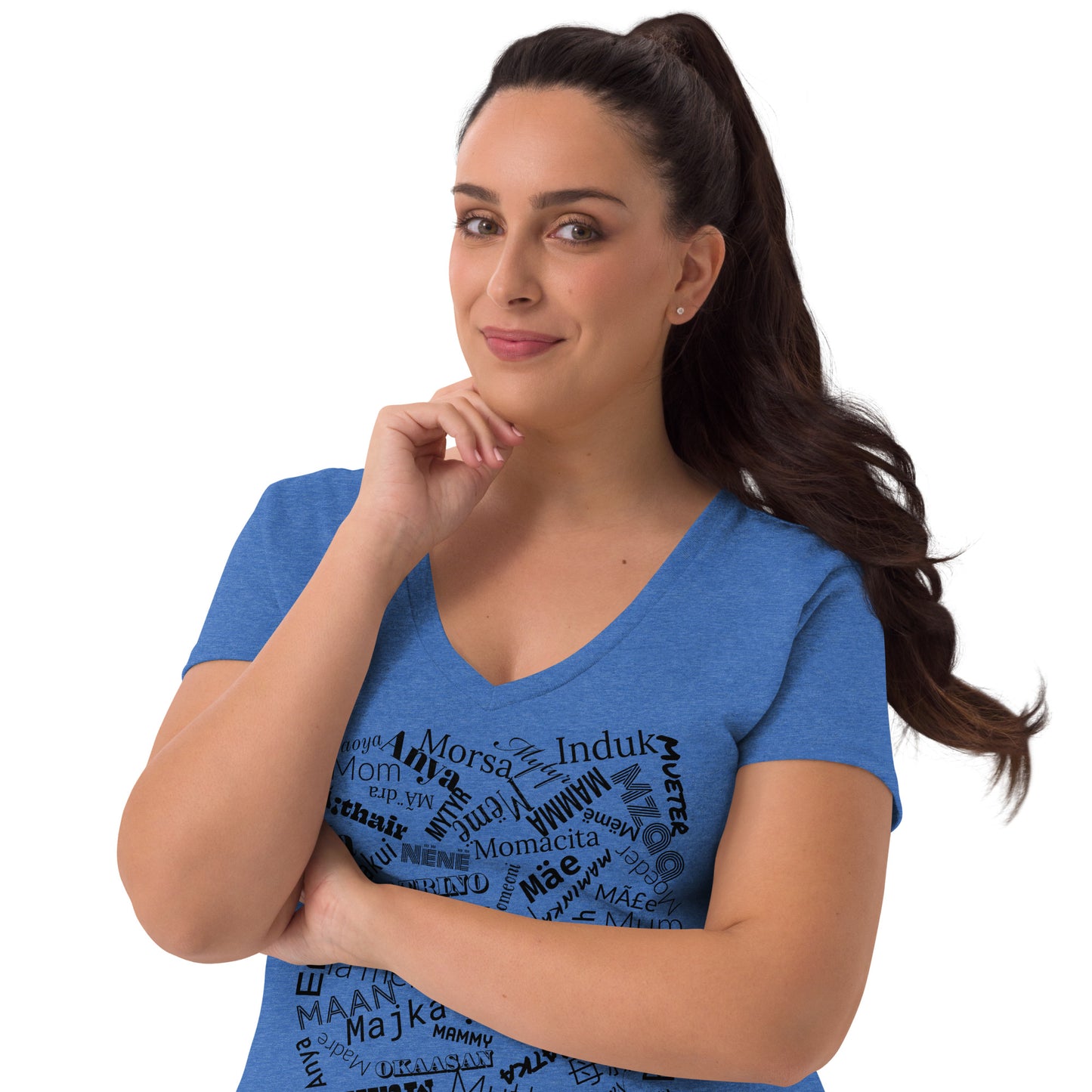Mom in multiple languages in purple Mother’s Day t-shirt Women’s recycled v-neck t-shirt