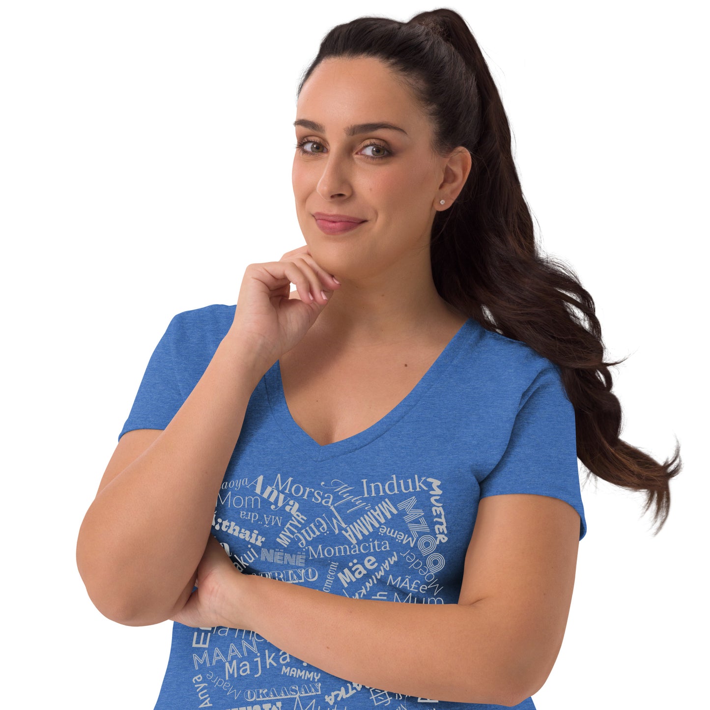 Mom in multiple languages in silver Mother’s Day t-shirt Women’s recycled v-neck t-shirt