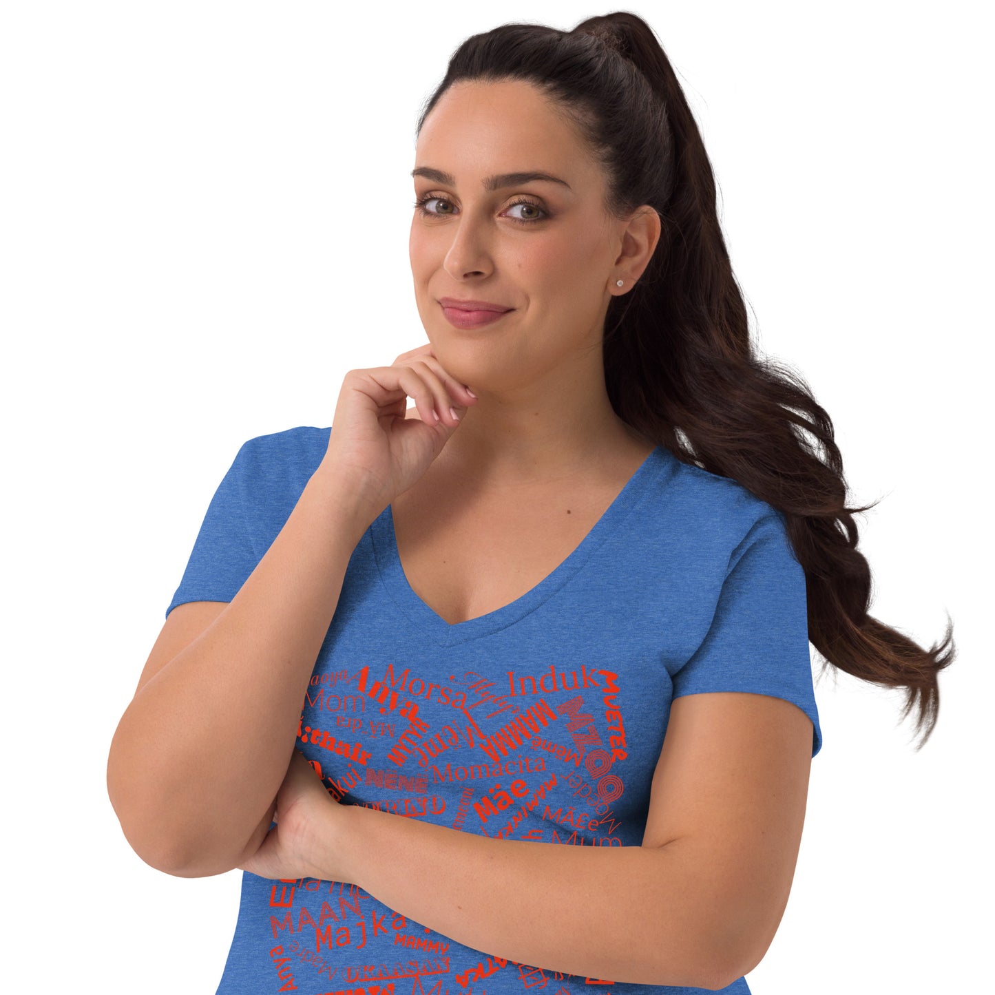 Mom in multiple languages in red Mother’s Day t-shirt Women’s recycled v-neck t-shirt