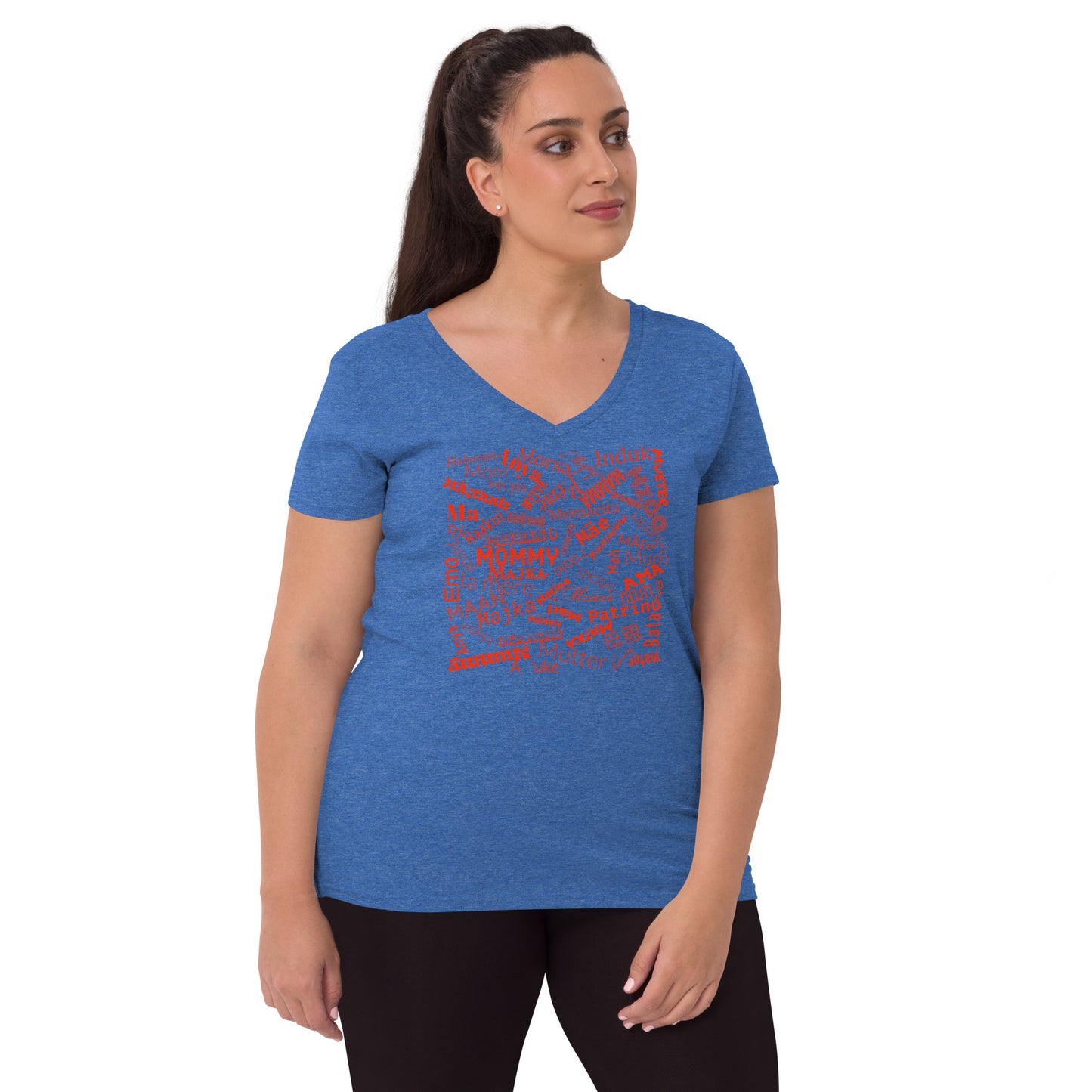 Mom in multiple languages in red Mother’s Day t-shirt Women’s recycled v-neck t-shirt