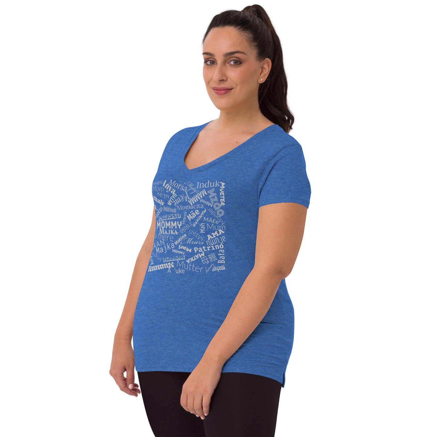 Mom in multiple languages in silver Mother’s Day t-shirt Women’s recycled v-neck t-shirt