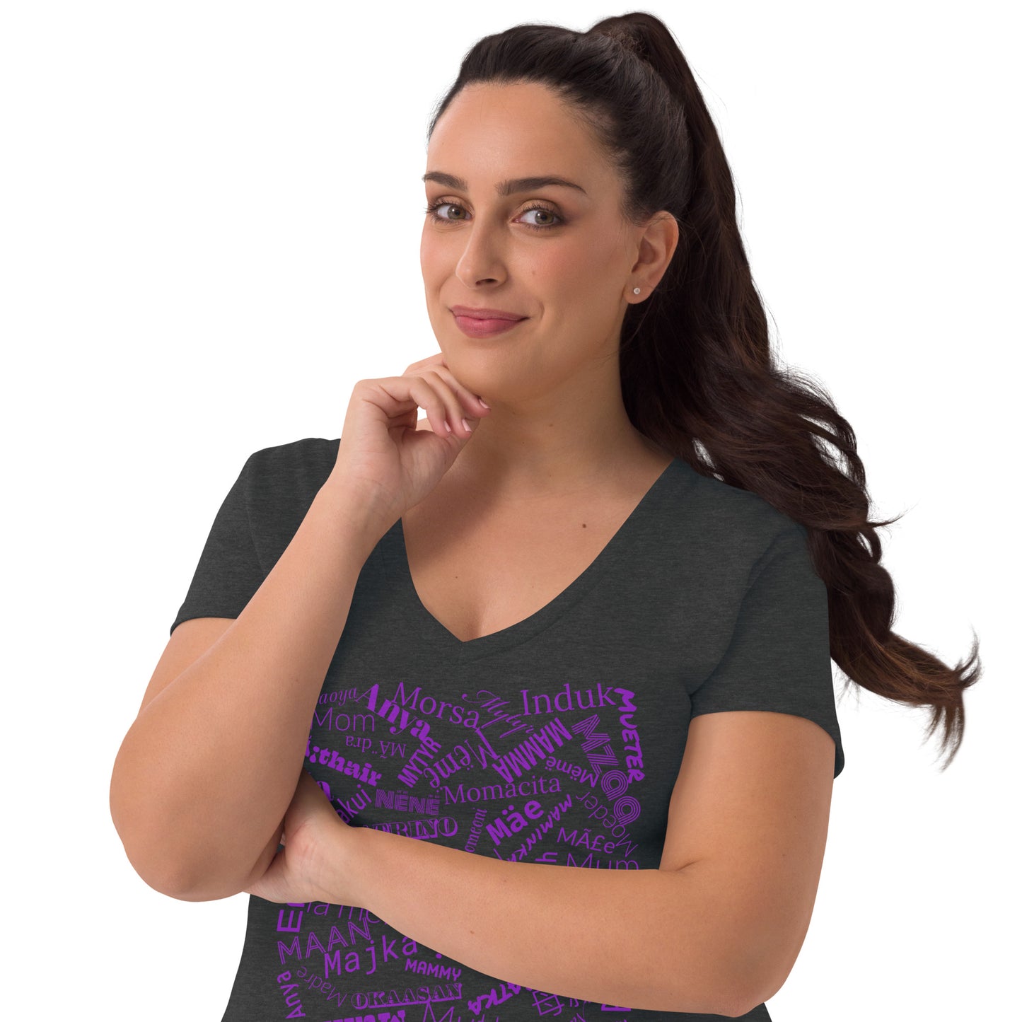 Mom in multiple languages in purple Mother’s Day t-shirt Women’s recycled v-neck t-shirt