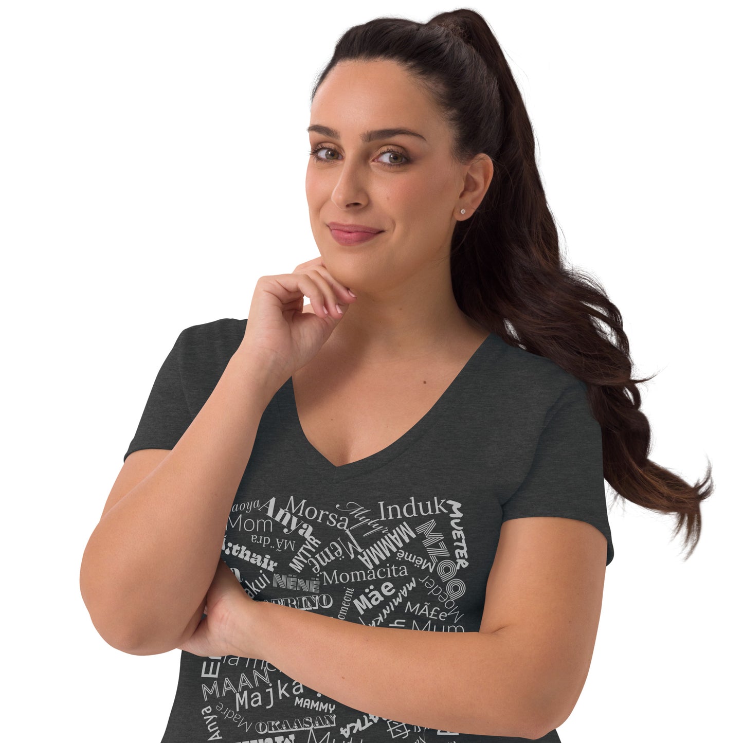 Mom in multiple languages in silver Mother’s Day t-shirt Women’s recycled v-neck t-shirt