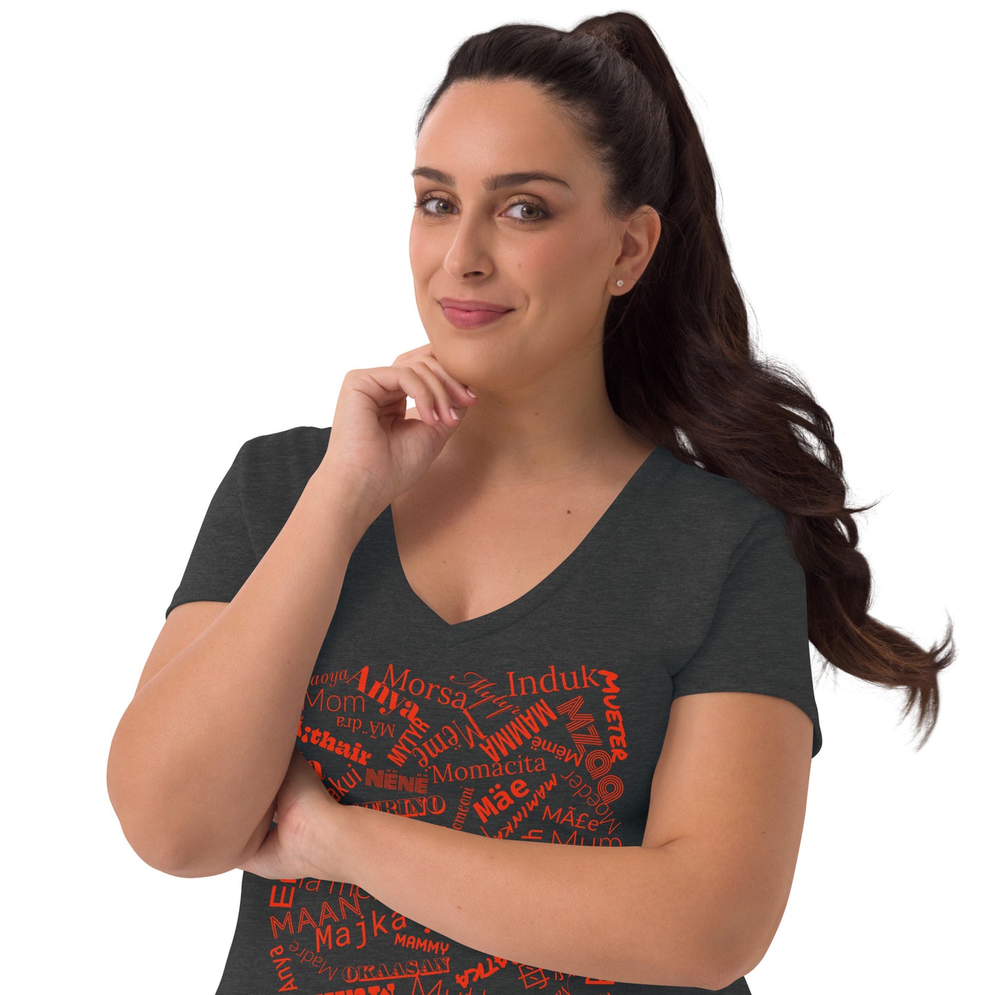 Mom in multiple languages in red Mother’s Day t-shirt Women’s recycled v-neck t-shirt