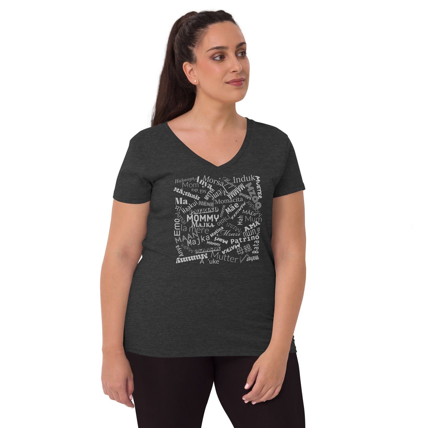 Mom in multiple languages in silver Mother’s Day t-shirt Women’s recycled v-neck t-shirt