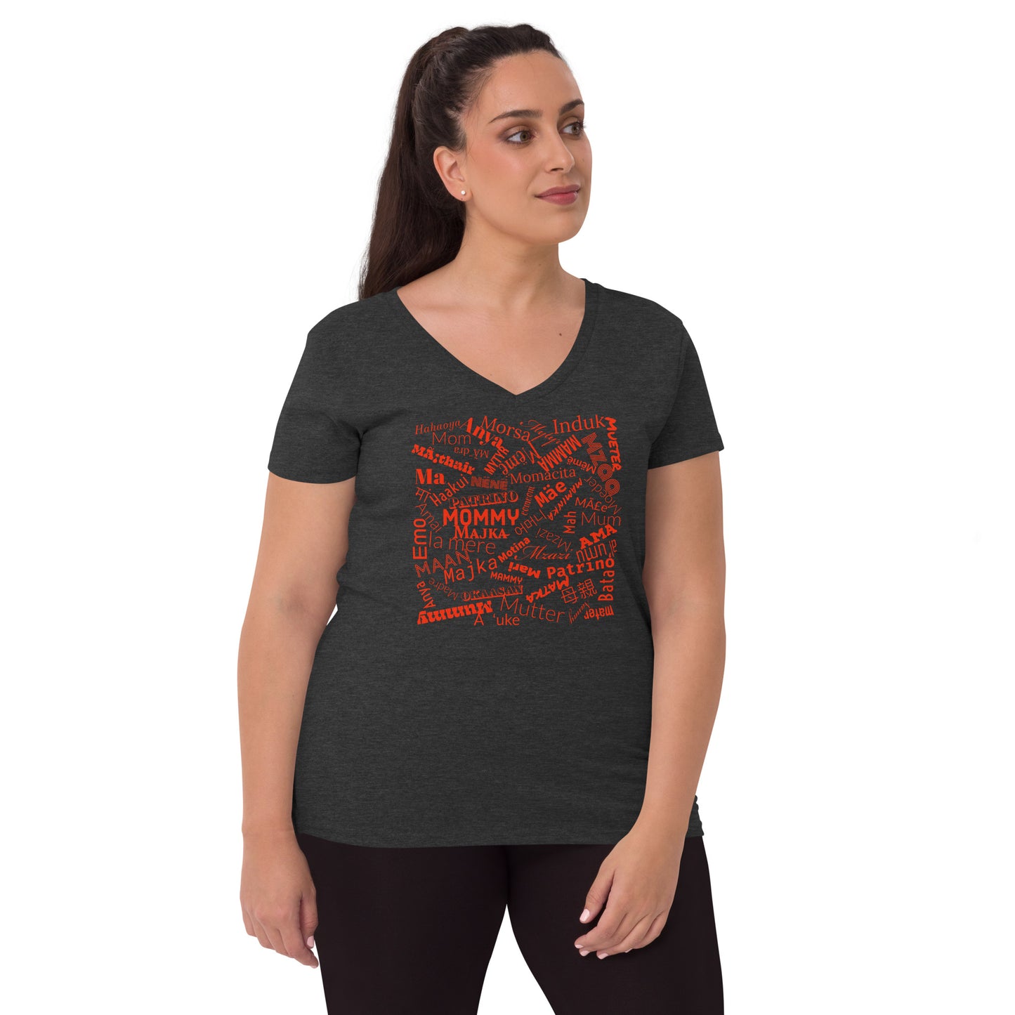 Mom in multiple languages in red Mother’s Day t-shirt Women’s recycled v-neck t-shirt