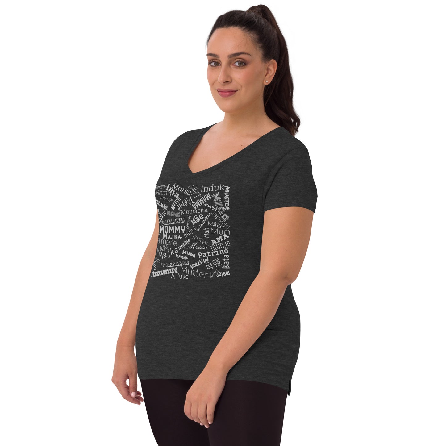 Mom in multiple languages in silver Mother’s Day t-shirt Women’s recycled v-neck t-shirt