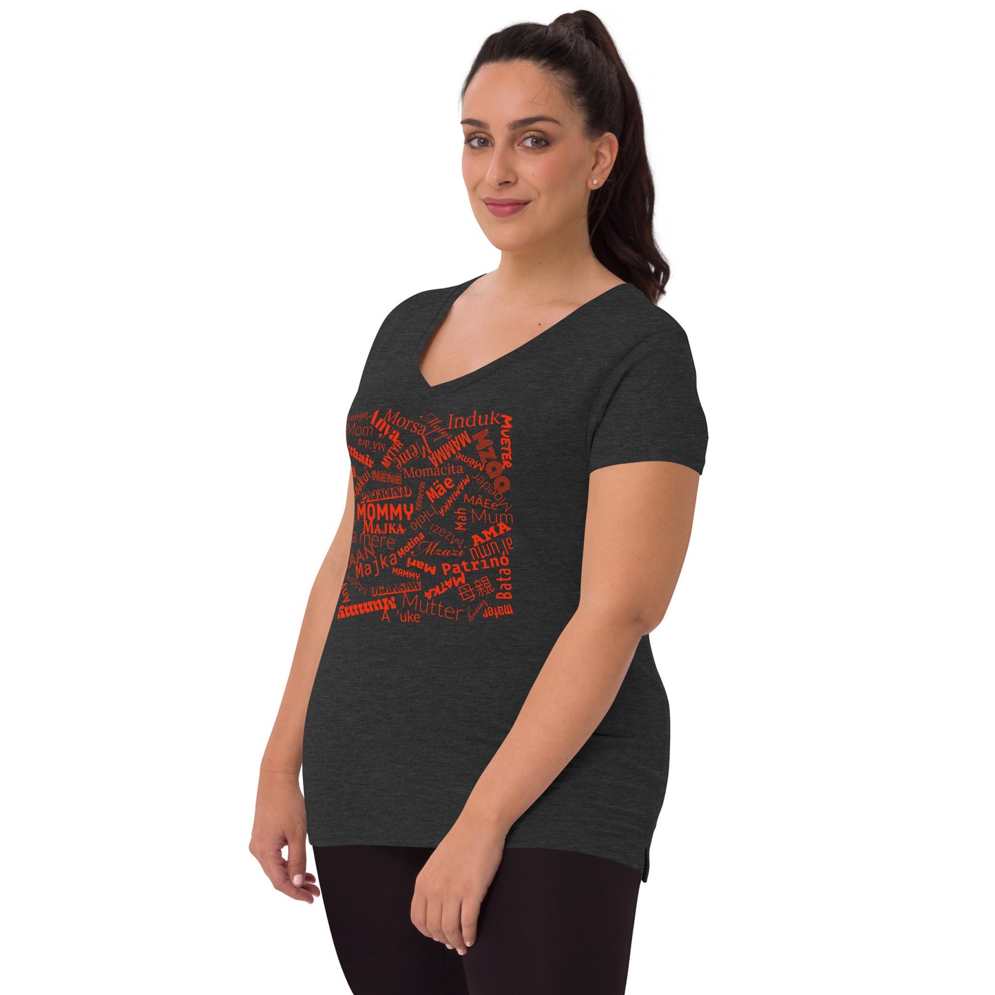 Mom in multiple languages in red Mother’s Day t-shirt Women’s recycled v-neck t-shirt
