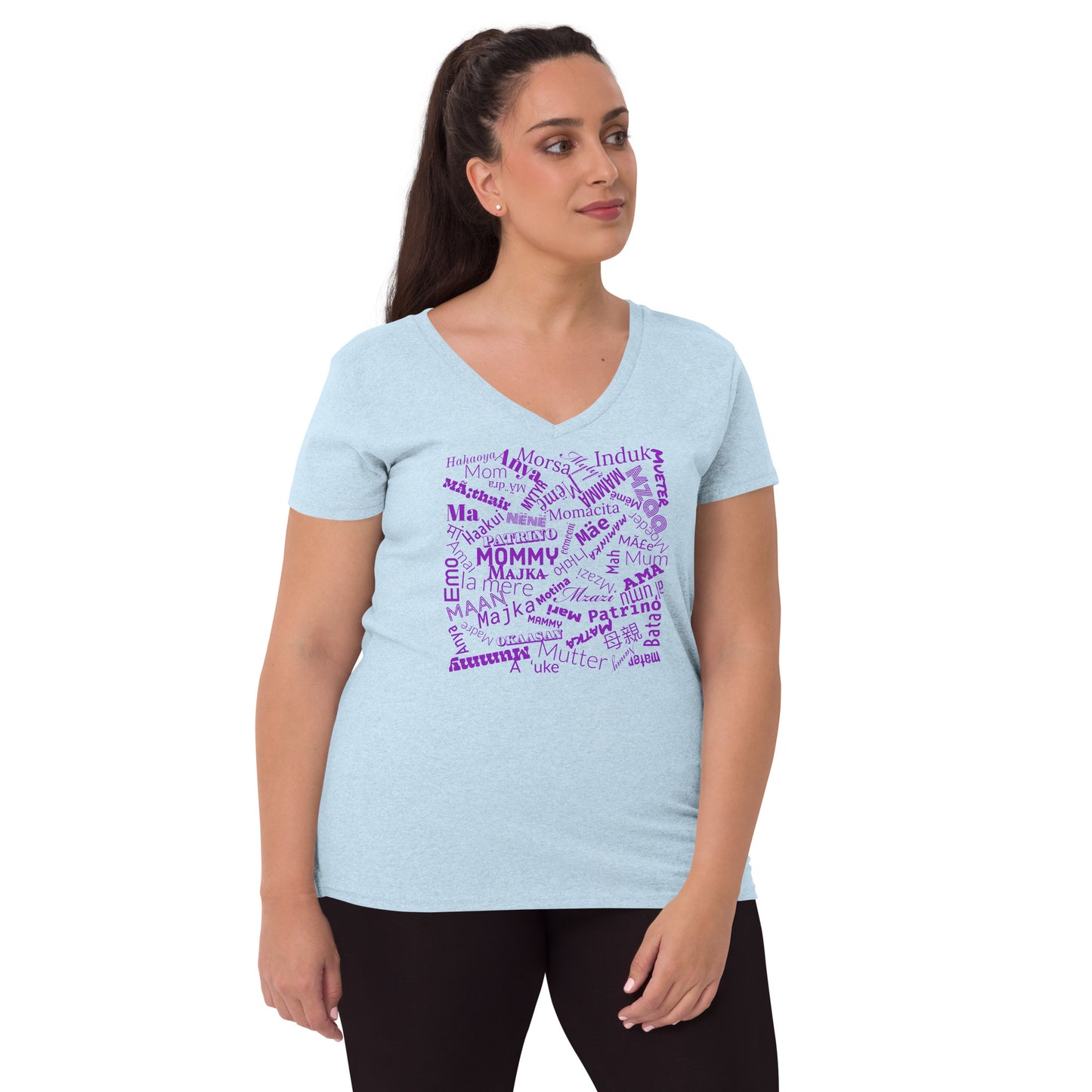 Mom in multiple languages in purple Mother’s Day t-shirt Women’s recycled v-neck t-shirt