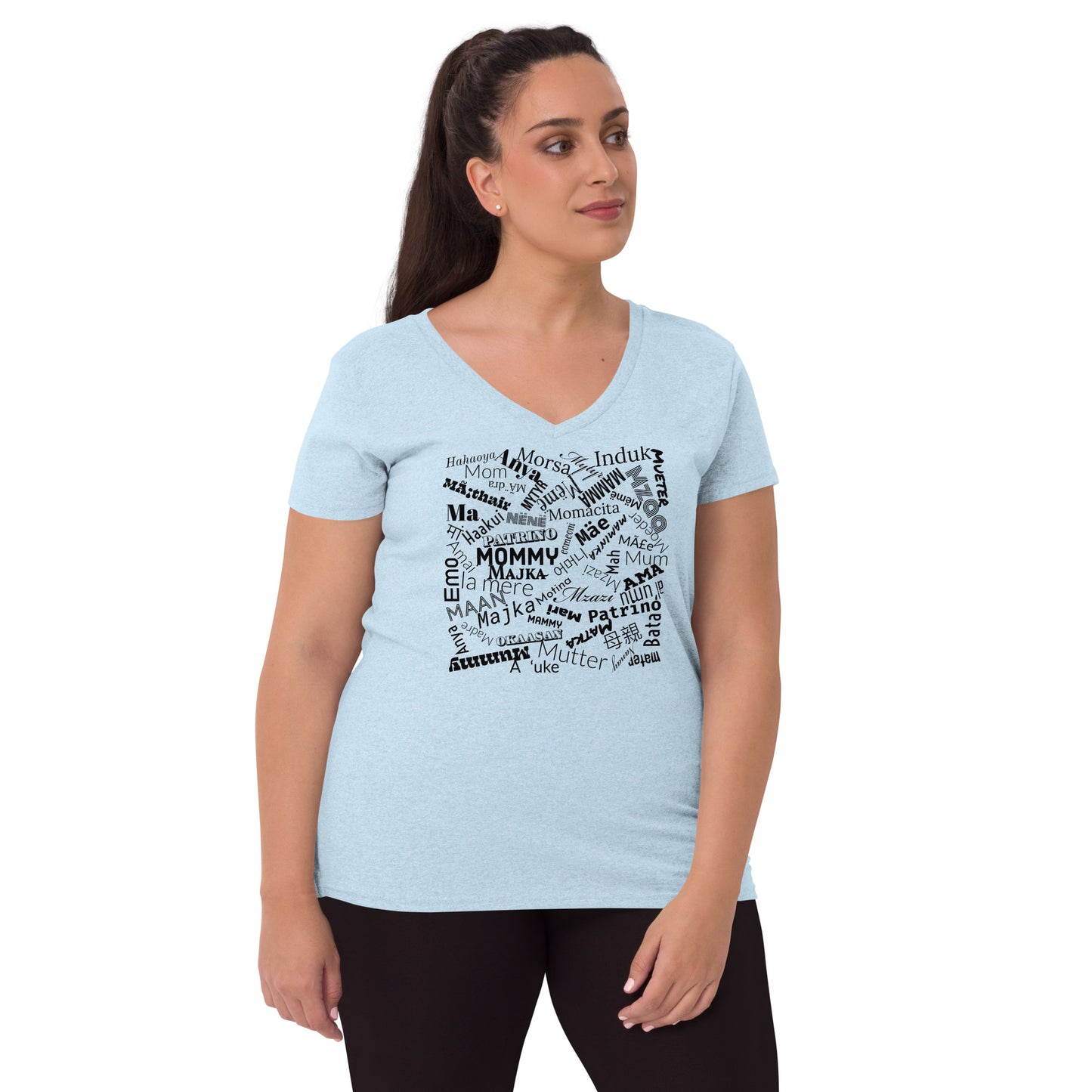 Mom in multiple languages in purple Mother’s Day t-shirt Women’s recycled v-neck t-shirt