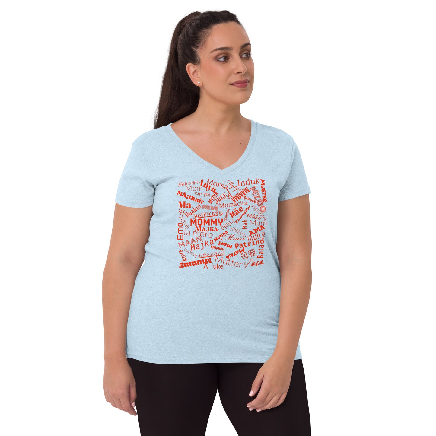 Mom in multiple languages in red Mother’s Day t-shirt Women’s recycled v-neck t-shirt