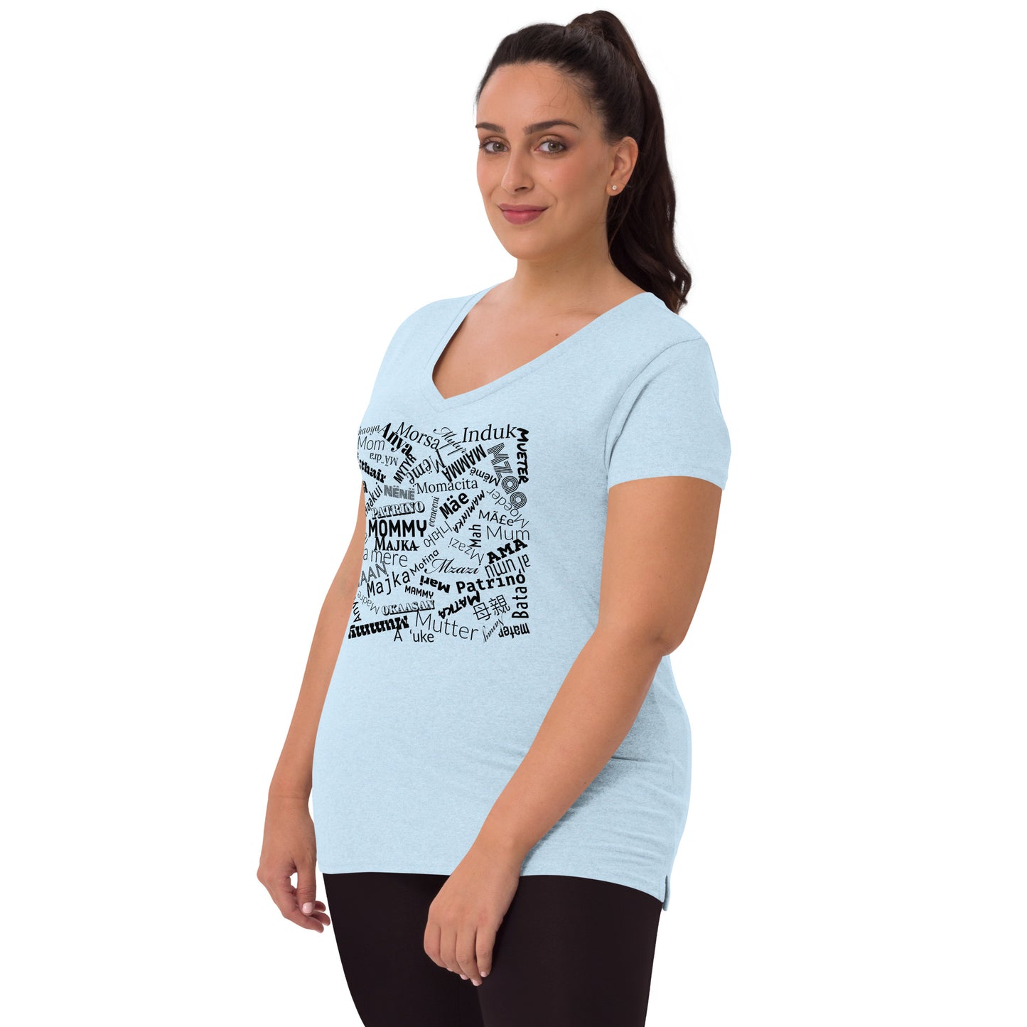 Mom in multiple languages in purple Mother’s Day t-shirt Women’s recycled v-neck t-shirt