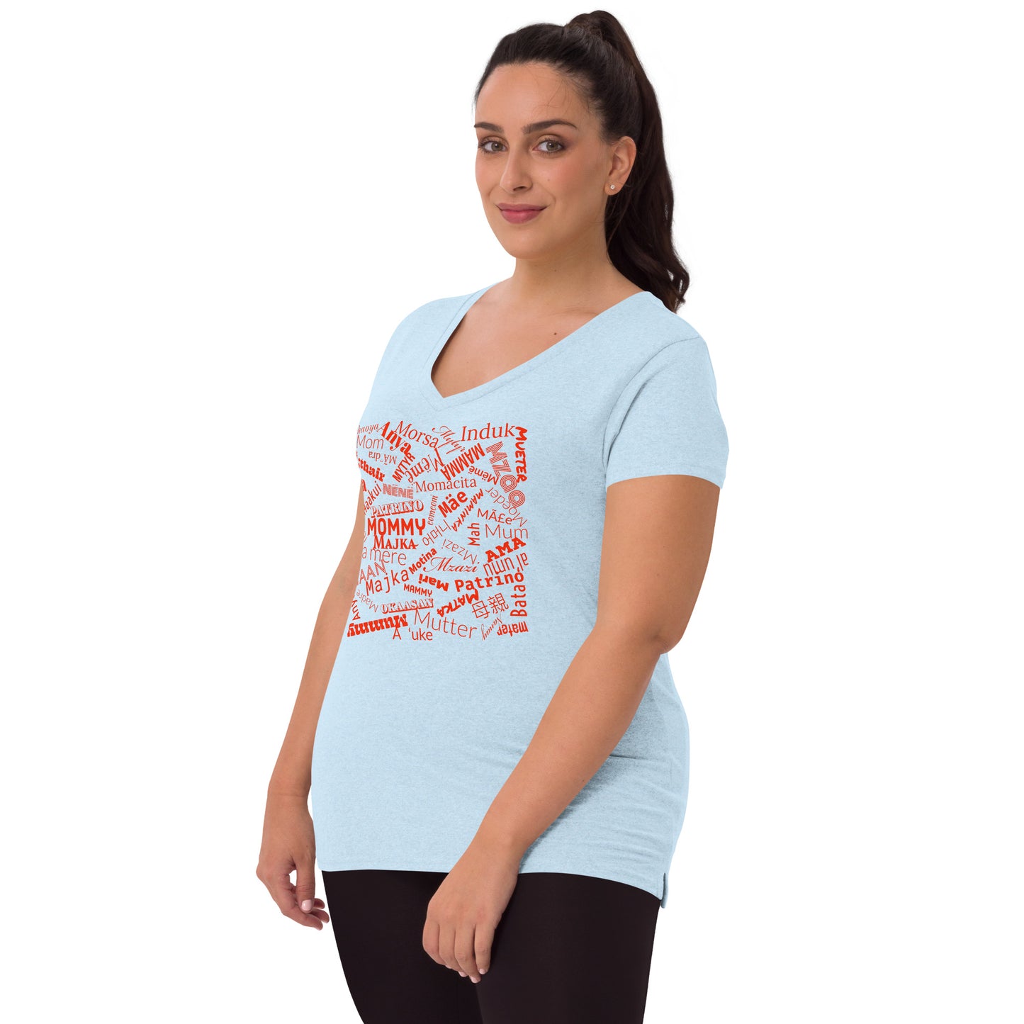 Mom in multiple languages in red Mother’s Day t-shirt Women’s recycled v-neck t-shirt