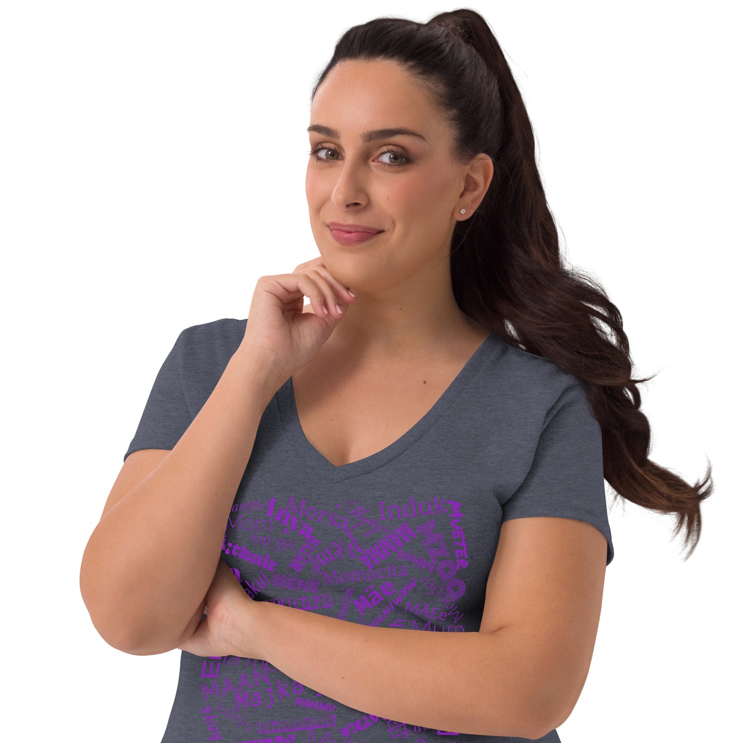 Mom in multiple languages in purple Mother’s Day t-shirt Women’s recycled v-neck t-shirt
