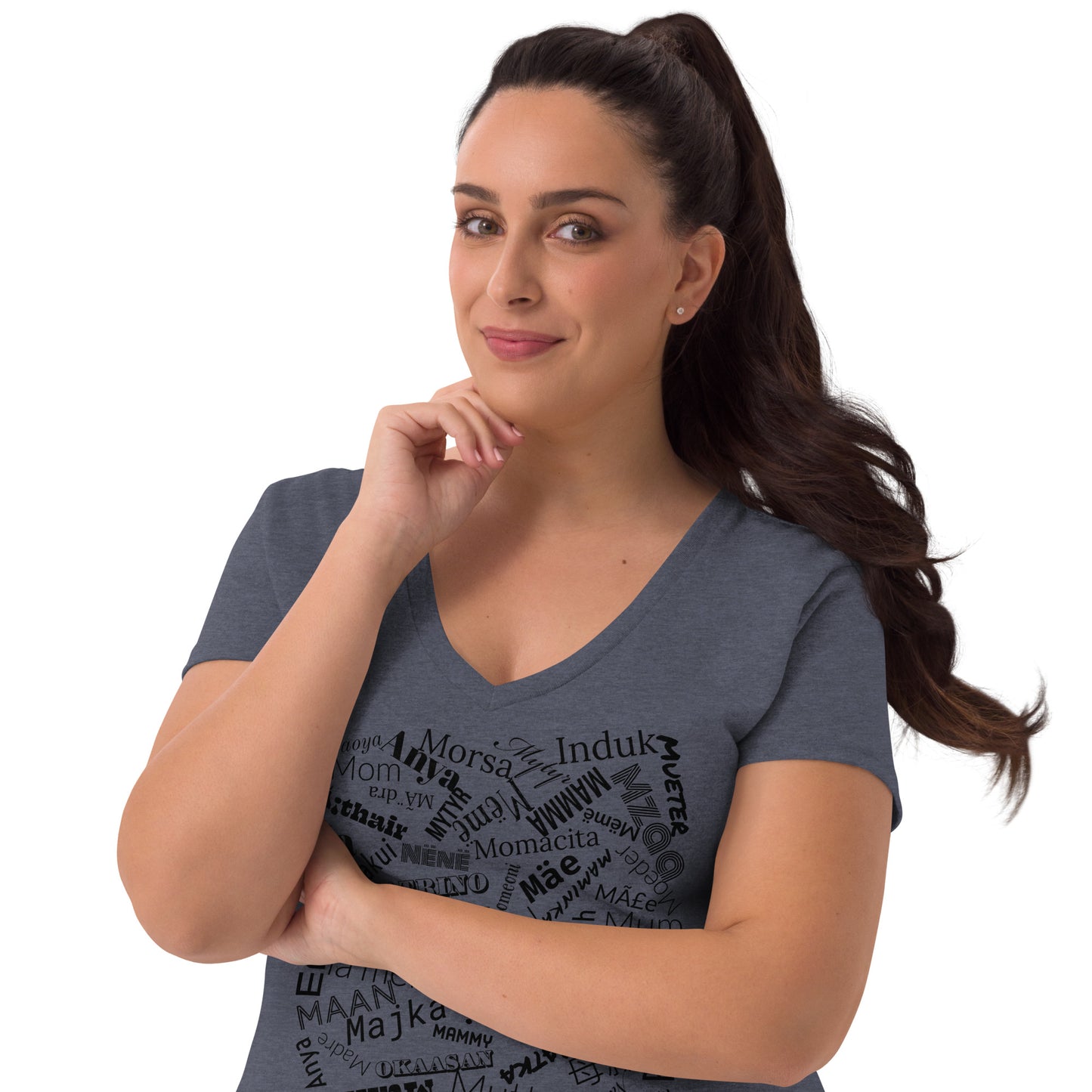 Mom in multiple languages in purple Mother’s Day t-shirt Women’s recycled v-neck t-shirt