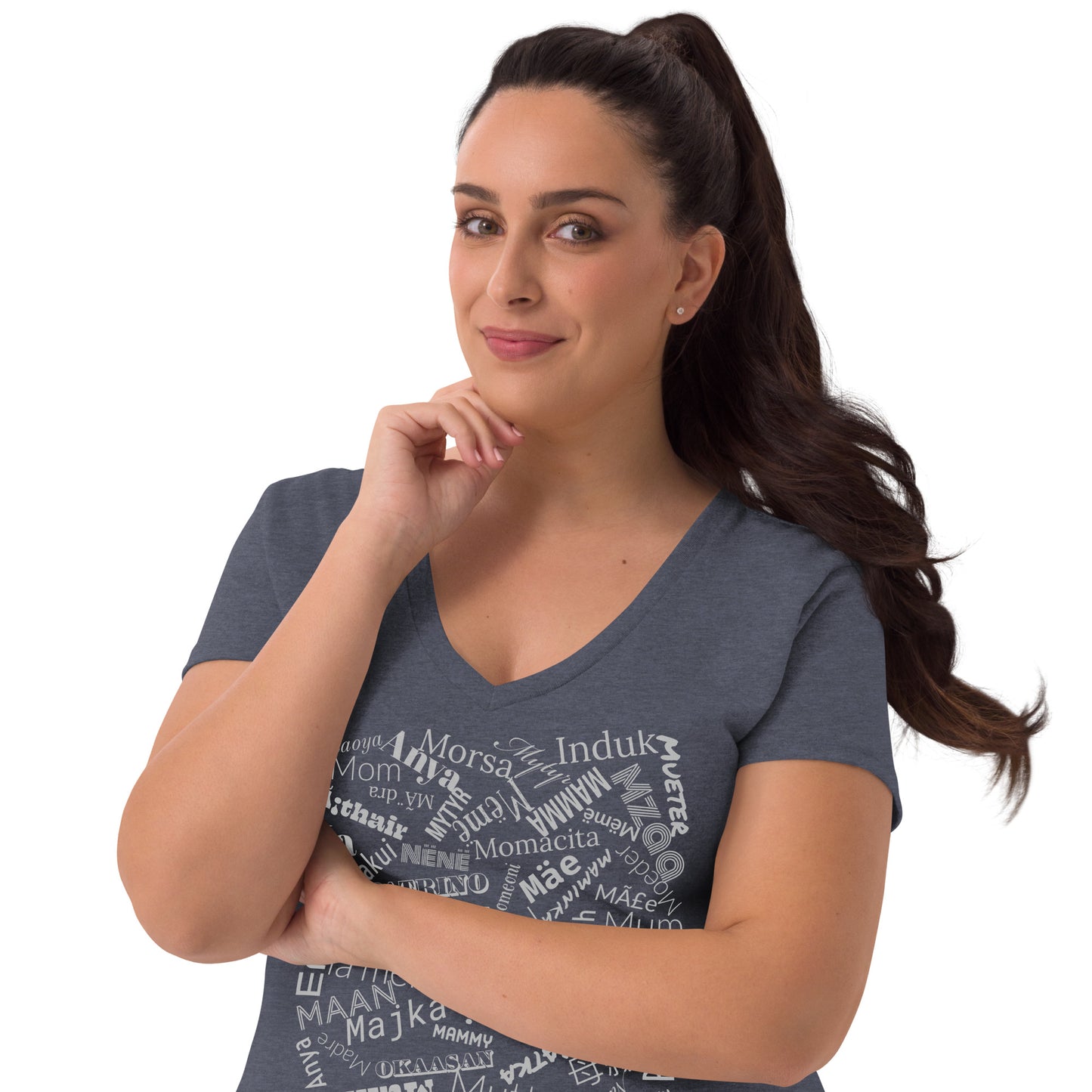 Mom in multiple languages in silver Mother’s Day t-shirt Women’s recycled v-neck t-shirt