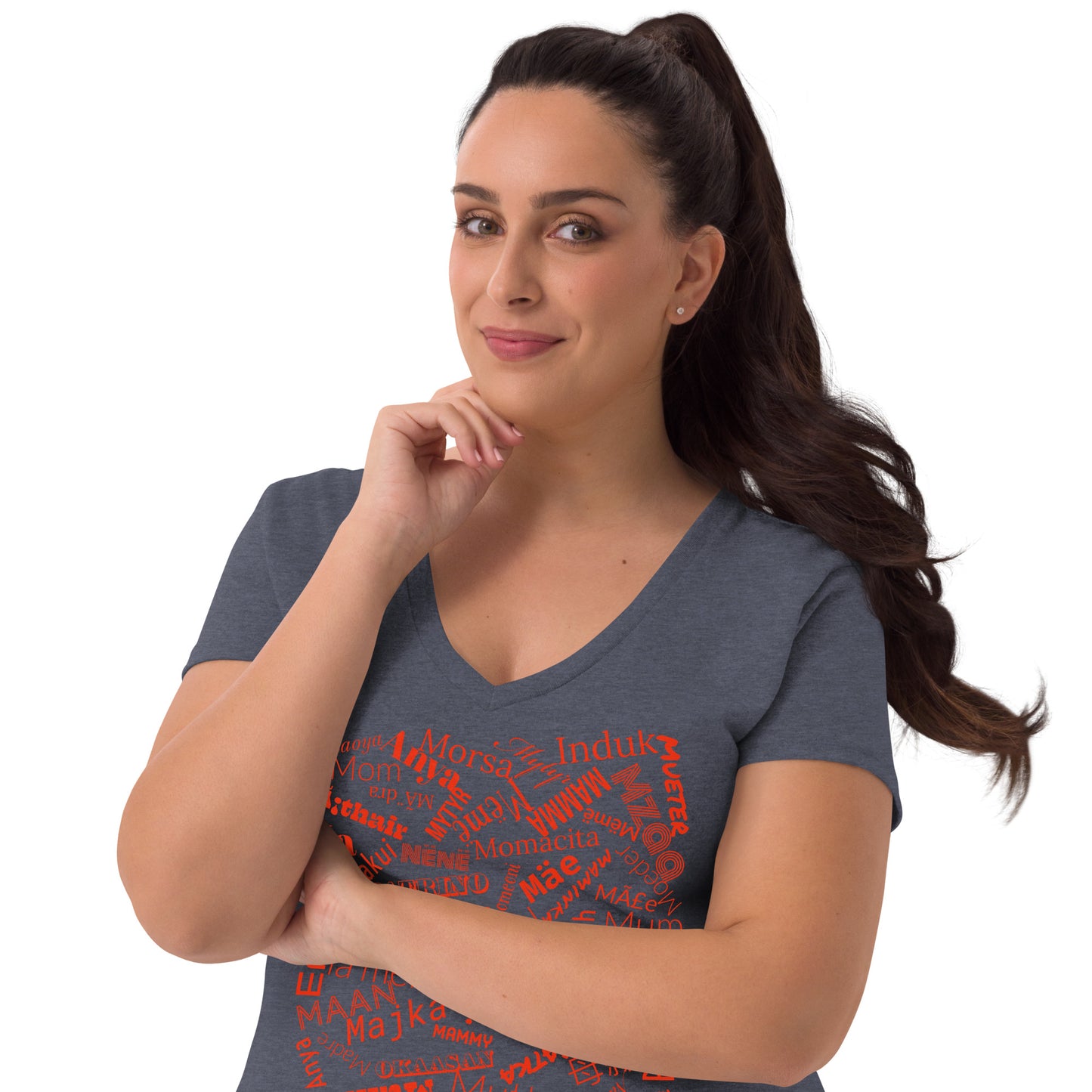 Mom in multiple languages in red Mother’s Day t-shirt Women’s recycled v-neck t-shirt