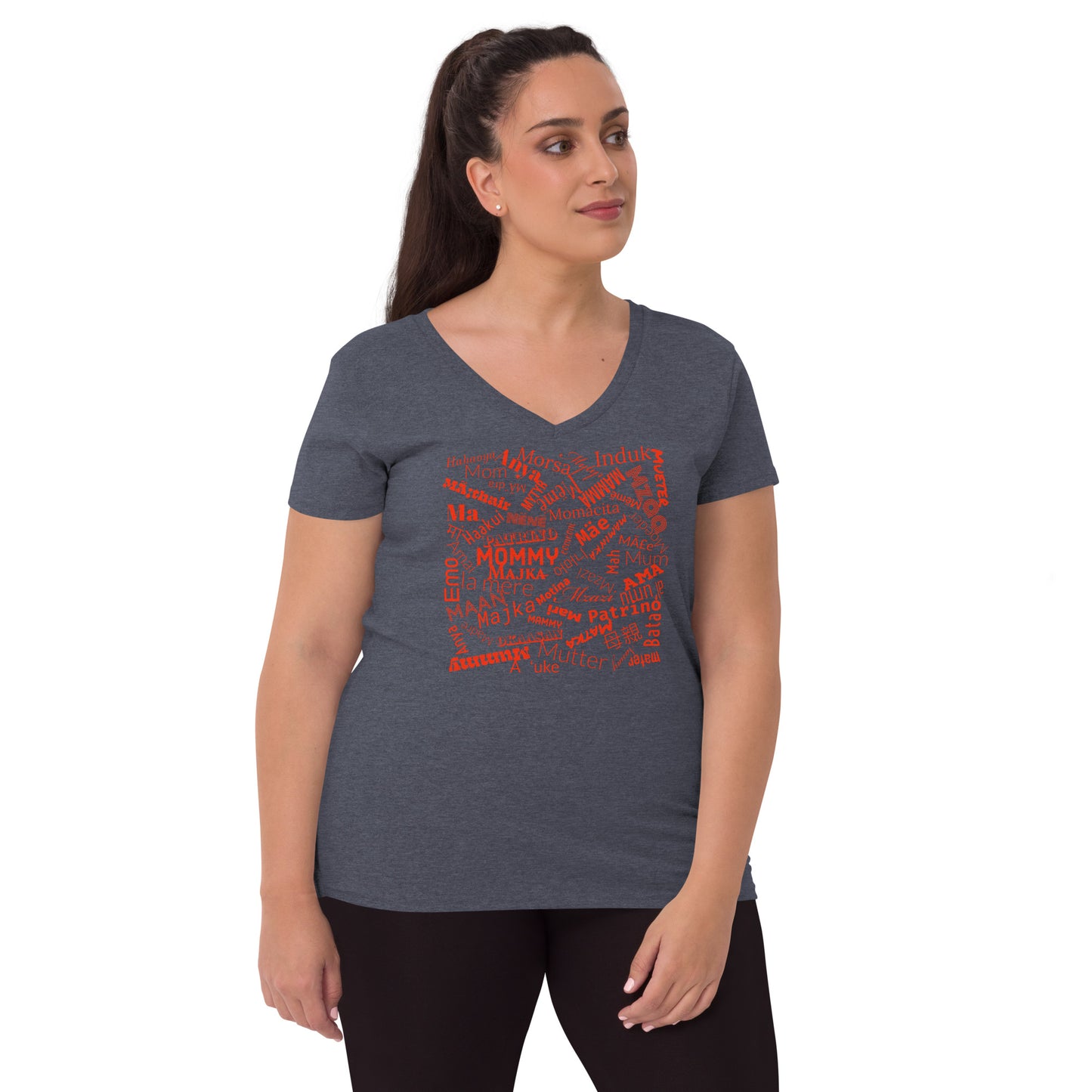 Mom in multiple languages in red Mother’s Day t-shirt Women’s recycled v-neck t-shirt