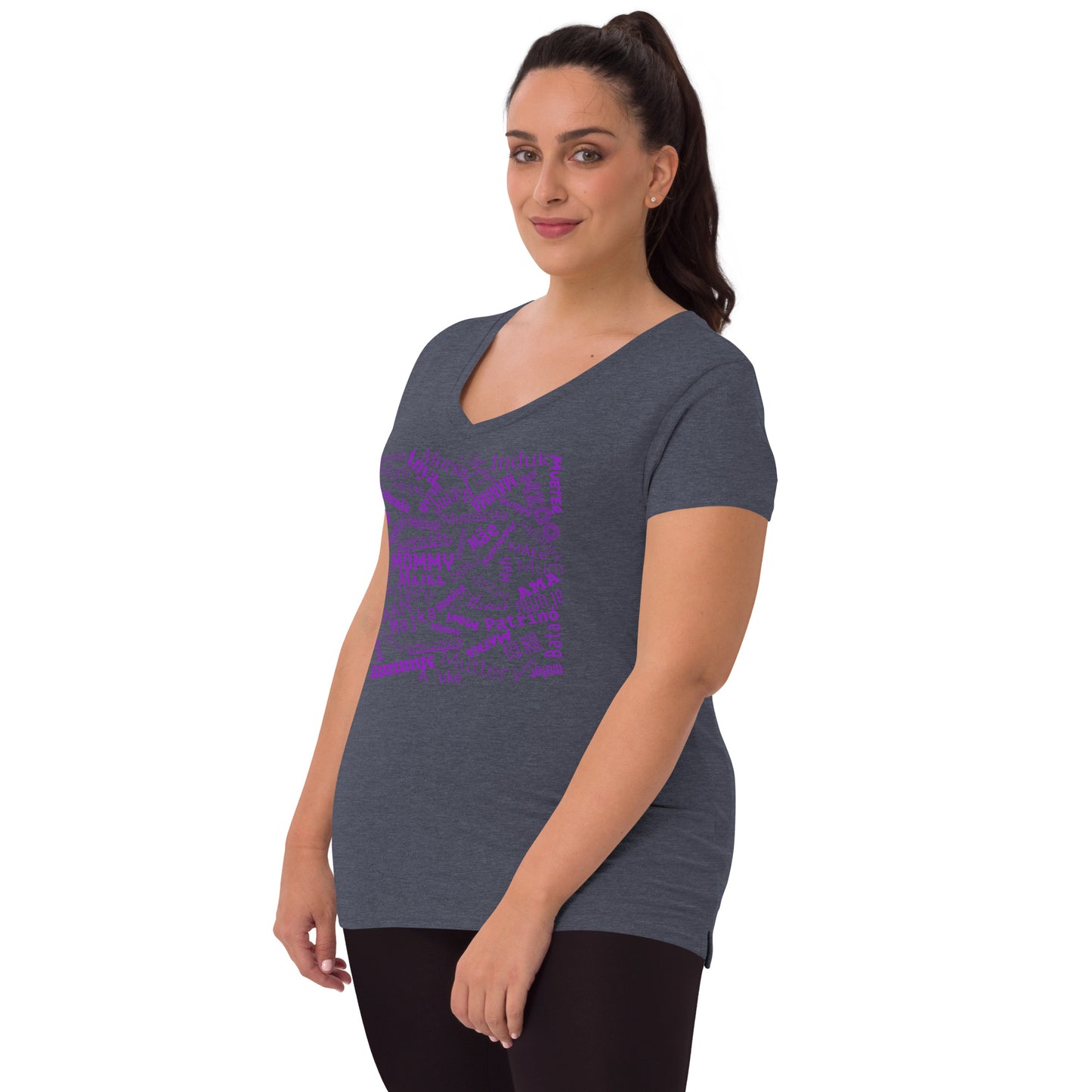 Mom in multiple languages in purple Mother’s Day t-shirt Women’s recycled v-neck t-shirt