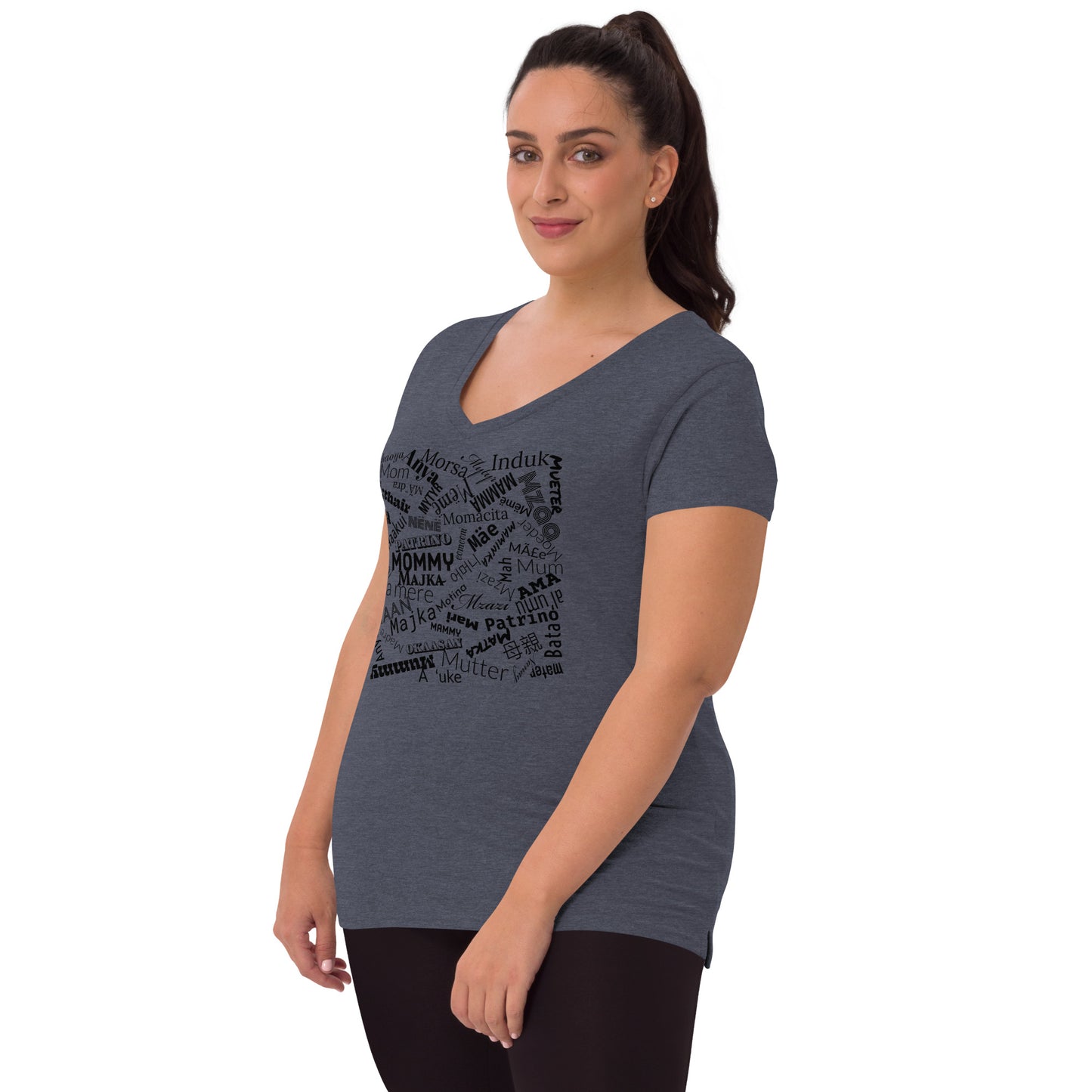 Mom in multiple languages in purple Mother’s Day t-shirt Women’s recycled v-neck t-shirt