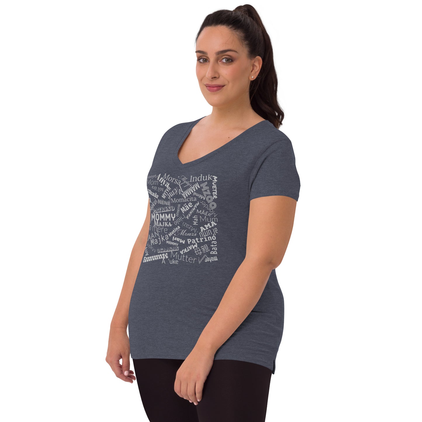 Mom in multiple languages in silver Mother’s Day t-shirt Women’s recycled v-neck t-shirt