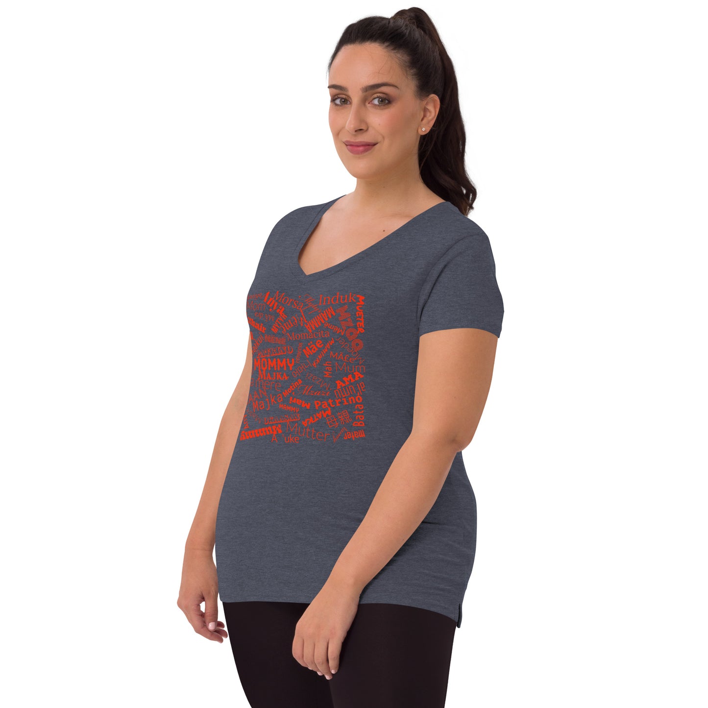 Mom in multiple languages in red Mother’s Day t-shirt Women’s recycled v-neck t-shirt