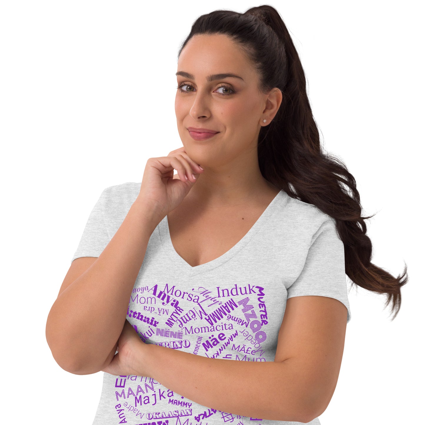 Mom in multiple languages in purple Mother’s Day t-shirt Women’s recycled v-neck t-shirt