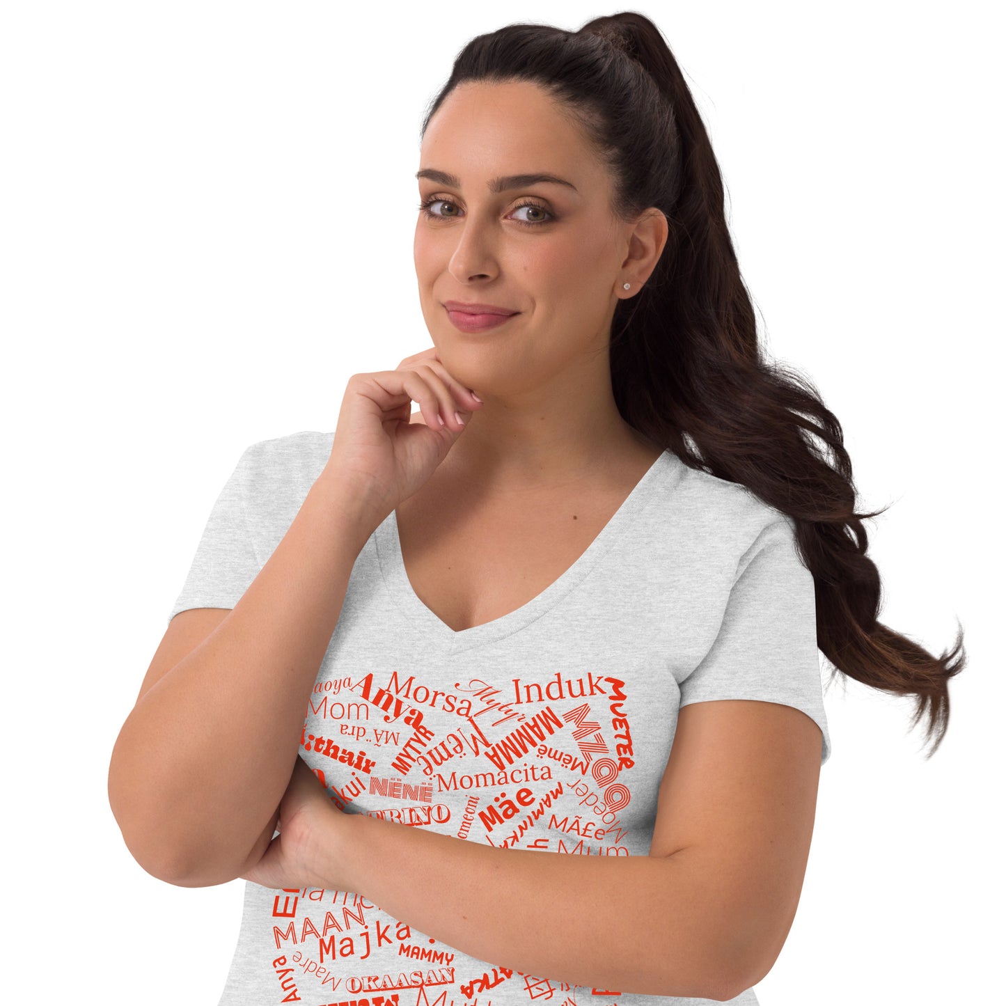 Mom in multiple languages in red Mother’s Day t-shirt Women’s recycled v-neck t-shirt