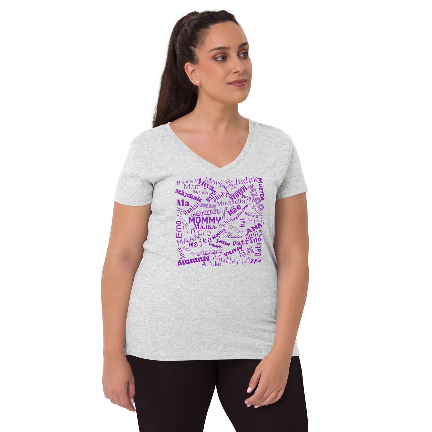 Mom in multiple languages in purple Mother’s Day t-shirt Women’s recycled v-neck t-shirt