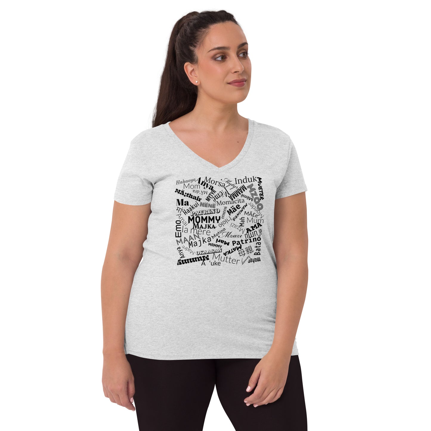 Mom in multiple languages in purple Mother’s Day t-shirt Women’s recycled v-neck t-shirt