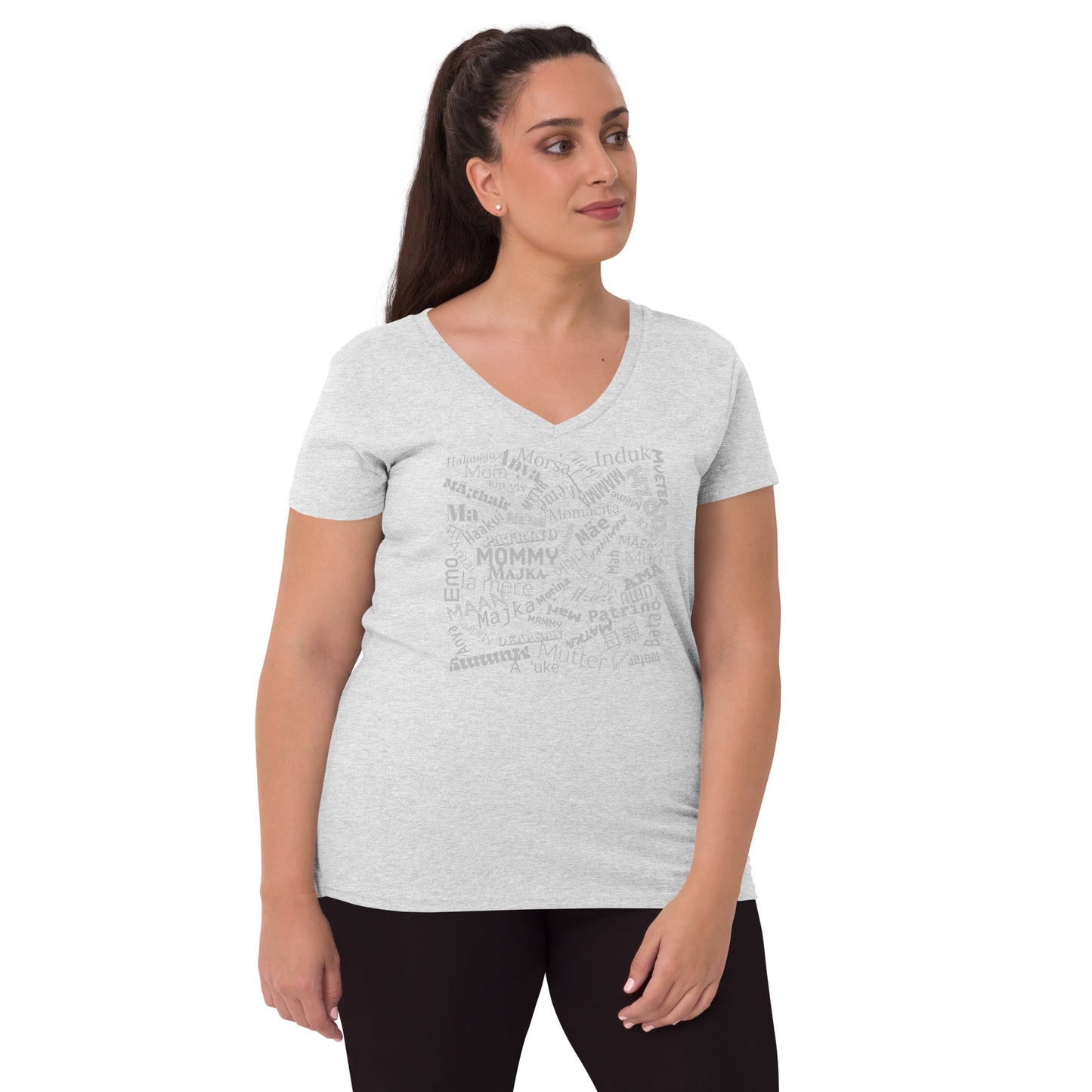 Mom in multiple languages in silver Mother’s Day t-shirt Women’s recycled v-neck t-shirt