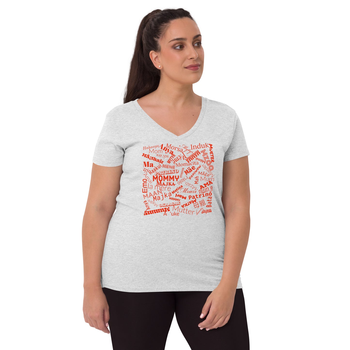 Mom in multiple languages in red Mother’s Day t-shirt Women’s recycled v-neck t-shirt