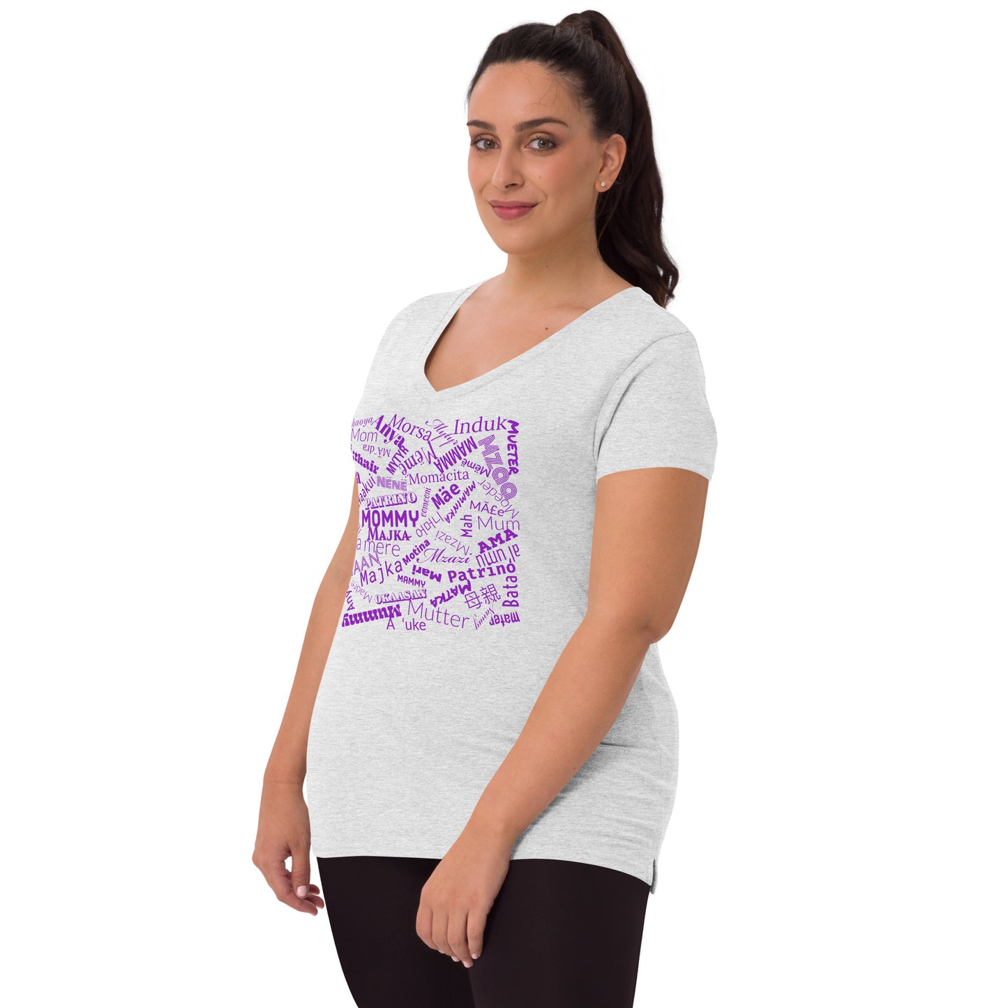 Mom in multiple languages in purple Mother’s Day t-shirt Women’s recycled v-neck t-shirt