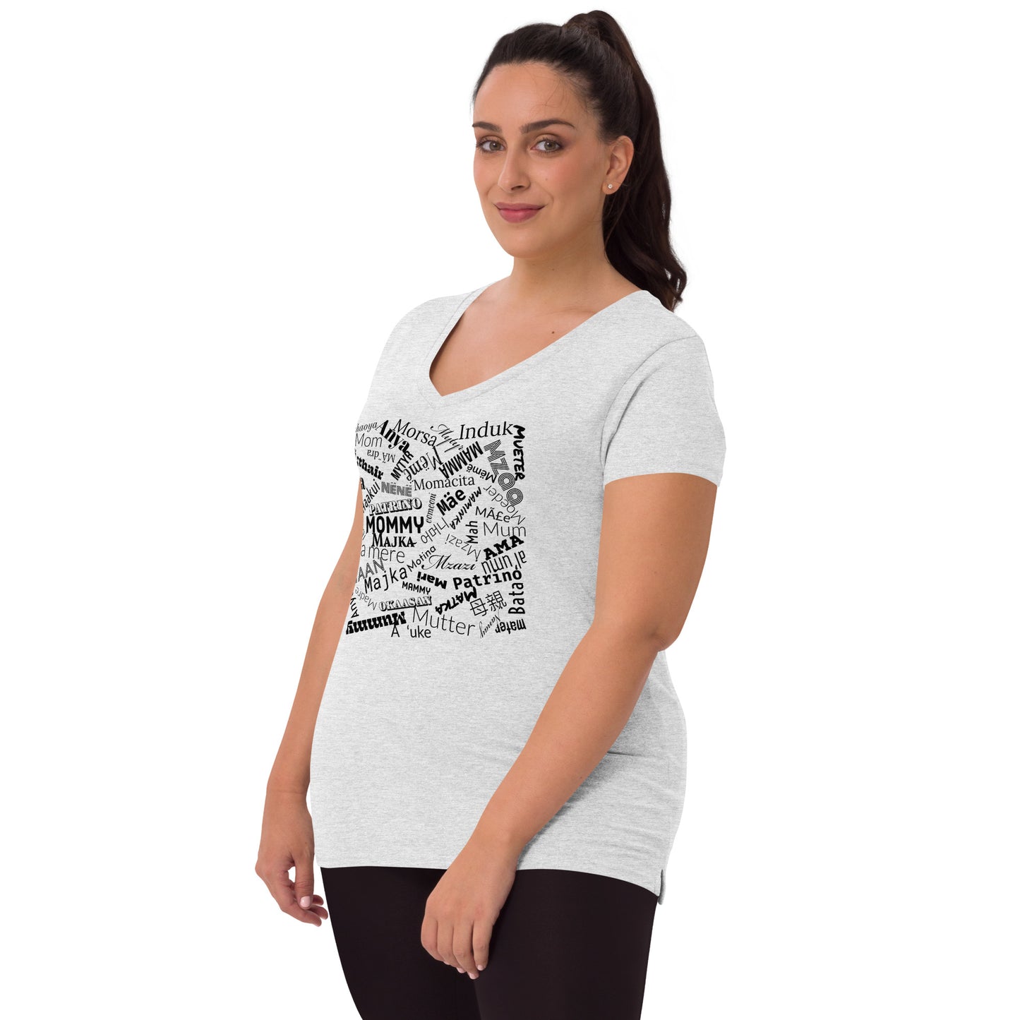 Mom in multiple languages in purple Mother’s Day t-shirt Women’s recycled v-neck t-shirt